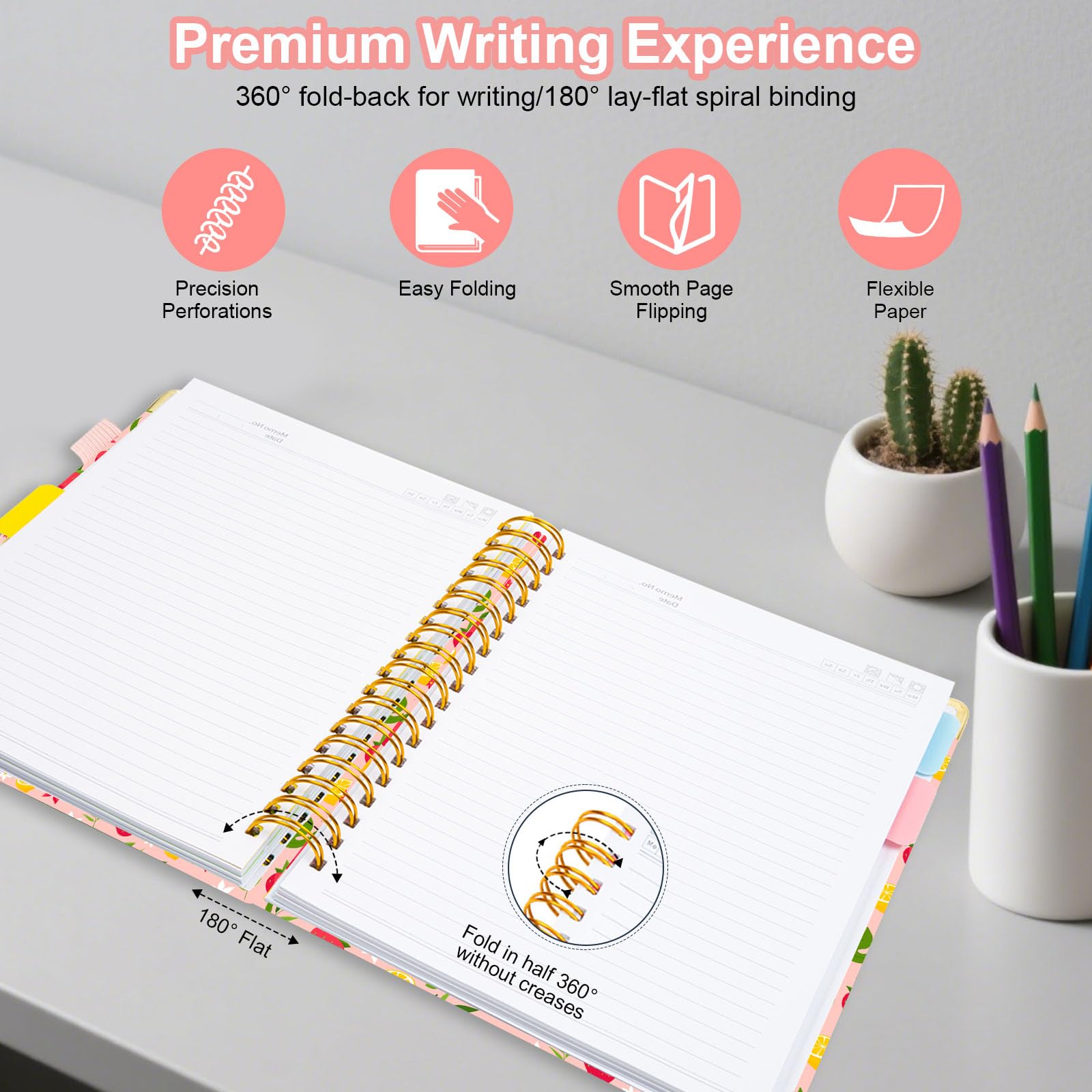 Spiral Journal Notebooks for Work, 300 Pages 5 Subject Notebook College Ruled with Dividers & Tabs, 8''x 10'' Large Notebook Journal for Women Students Note-Taking and Organizer