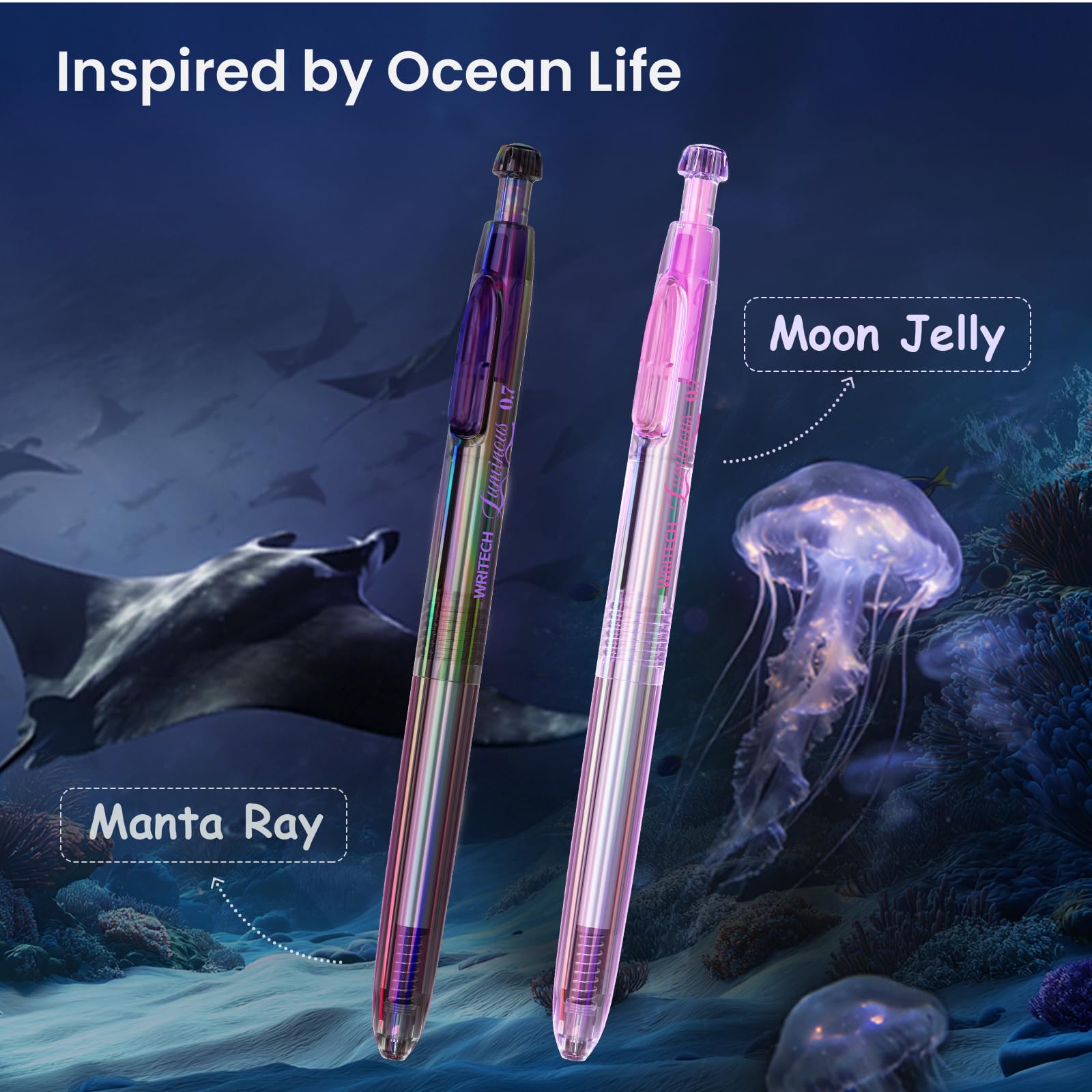 WRITECH Gel Pens Medium Point: Luminous pen set 0.7mm, Black Ink, Includes 2 Pens and 2 Refills, Silent Clicker, Smooth Writing for School Office & Everyday Use