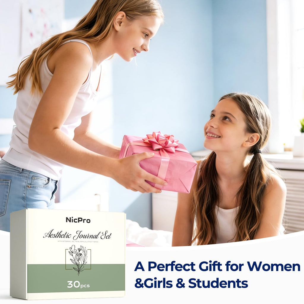 Nicpro 50PCS Cute Spiral Notebook Stationary Set For Women, Bible Journal Set, 3PCS A5 Spiral Notebook, Gel Pens, Sticky Notes & Tabs, Gift Box, Mechanical Pencils for Study Aesthetic School Supplies