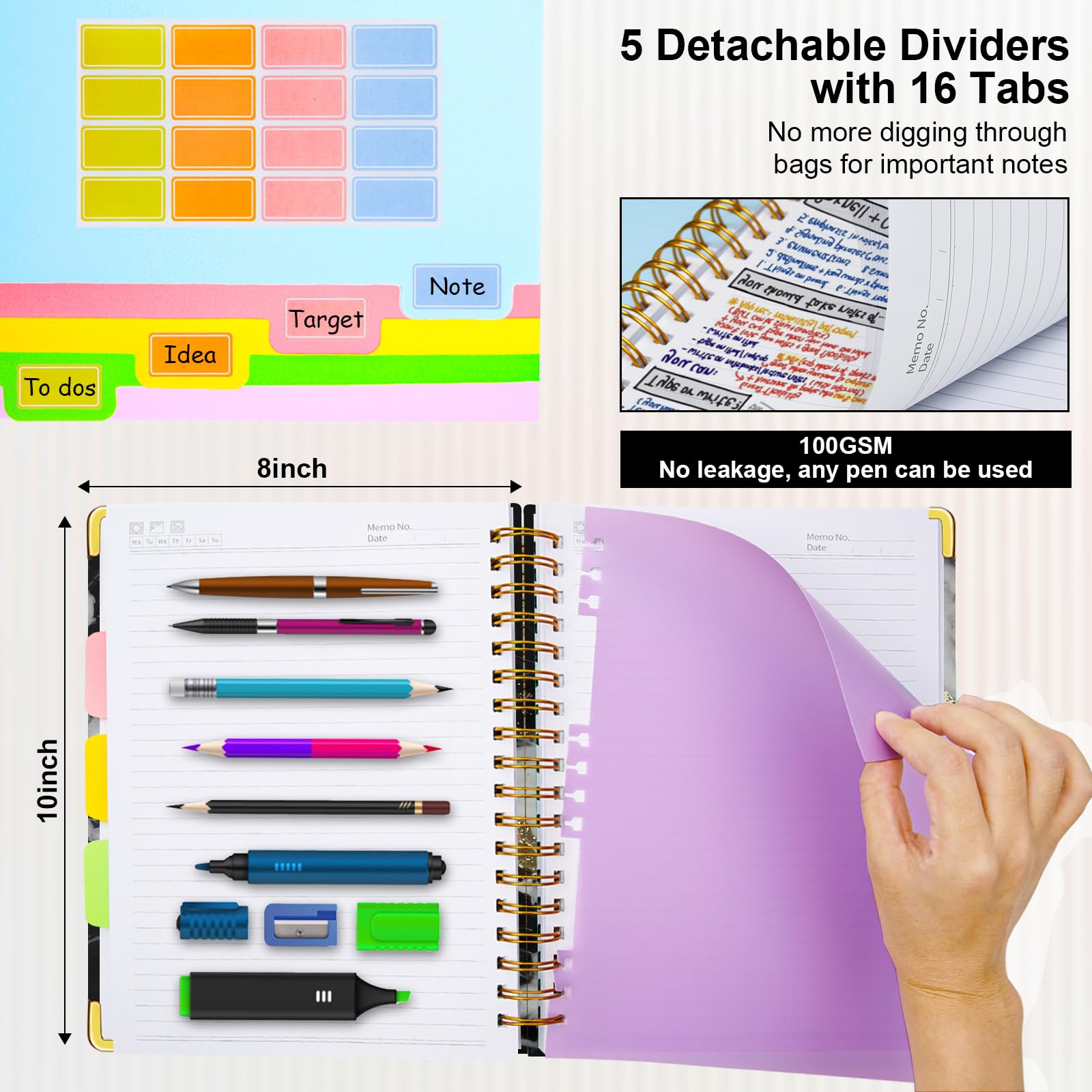 Spiral Journal Notebooks for Work, 300 Pages 5 Subject Notebook College Ruled with Dividers & Tabs, 8''x 10'' Large Notebook Journal for Women Students Note-Taking and Organizer