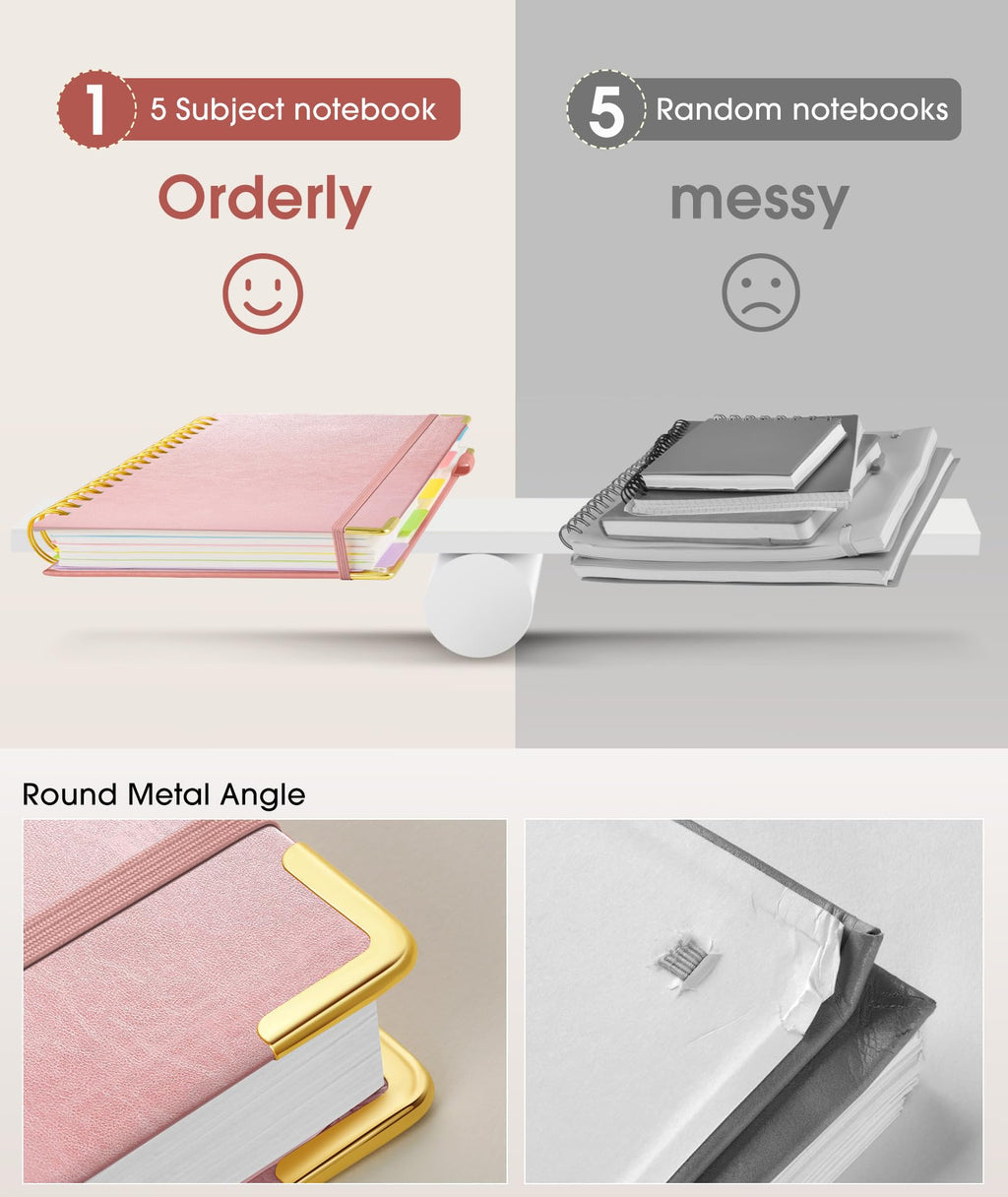 Hardcover Spiral Notebook Journal with Removable Dividers Tabs, 300 Pages Leather 5 Subject Notebook College Ruled, 8"x10" Large B5 Notebooks for Work School Note taking, Lined Journal for Women, Pink