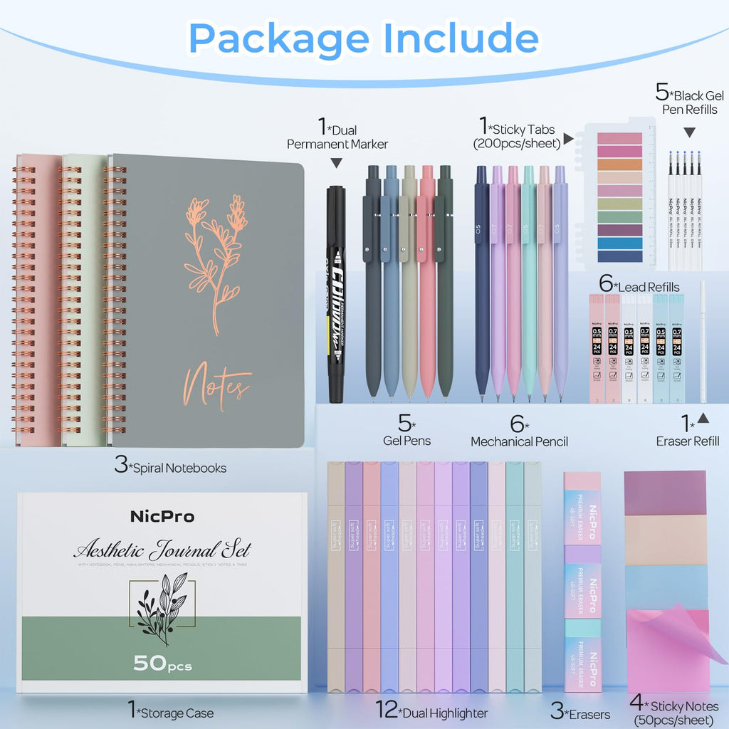 Nicpro 50PCS Cute Spiral Notebook Stationary Set For Women, Bible Journal Set, 3PCS A5 Spiral Notebook, Gel Pens, Sticky Notes & Tabs, Gift Box, Mechanical Pencils for Study Aesthetic School Supplies