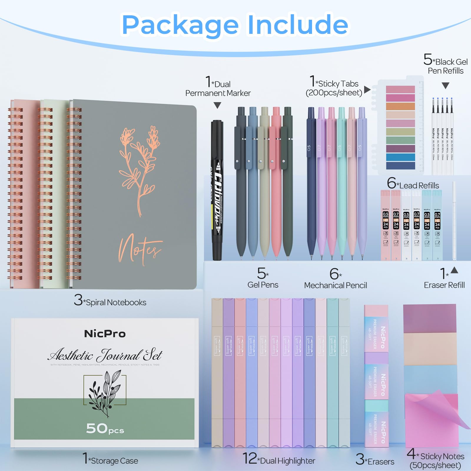 Nicpro 50PCS Cute Spiral Notebook Stationary Set For Women, Bible Journal Set, 3PCS A5 Spiral Notebook, Gel Pens, Sticky Notes & Tabs, Gift Box, Mechanical Pencils for Study Aesthetic School Supplies