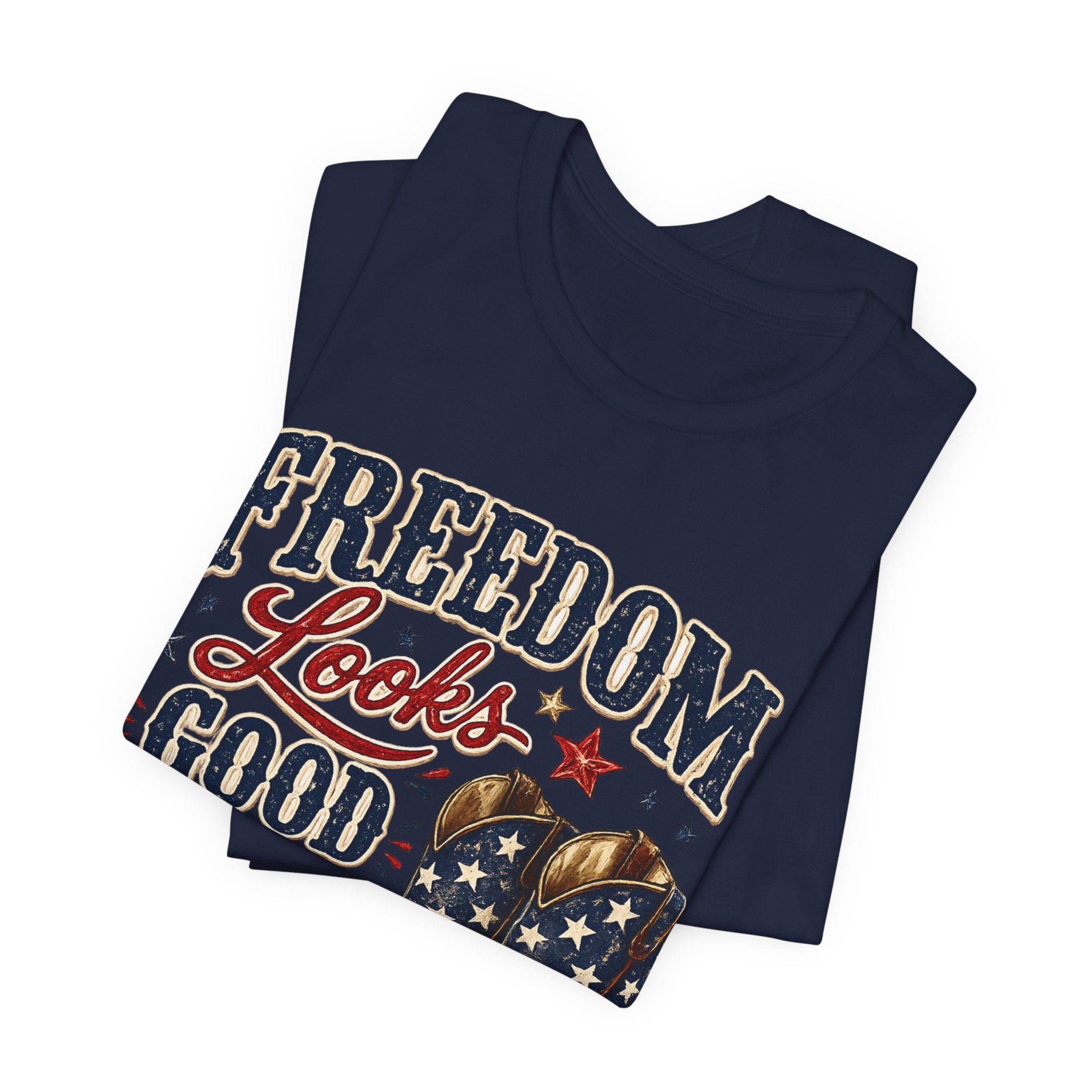 Freedom Looks Good On Me Tee — Patriotic American Flag Cowboy Boots T-Shirt