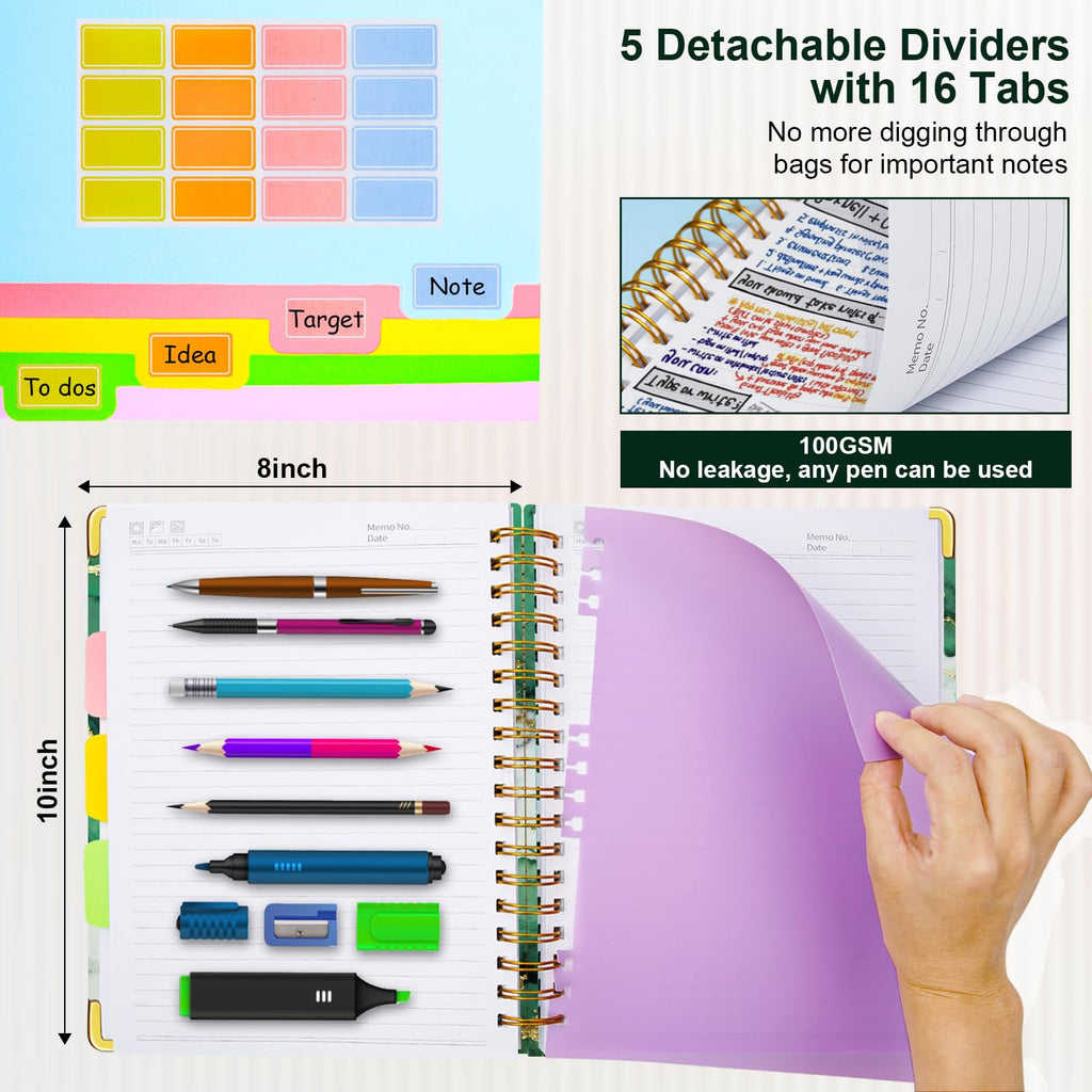 Spiral Journal Notebooks for Work, 300 Pages 5 Subject Notebook College Ruled with Dividers & Tabs, 8''x 10'' Large Notebook Journal for Women Students Note-Taking and Organizer