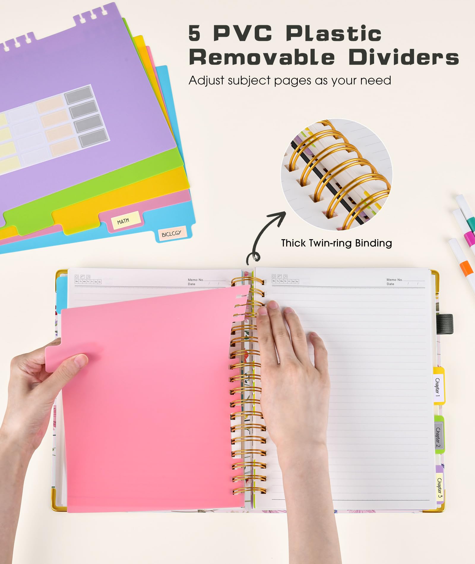 Hardcover Spiral Notebook Journal with Removable Dividers Tabs, 300 Pages Leather 5 Subject Notebook College Ruled, 8"x10" Large B5 Notebooks for Work School Note taking, Lined Journal for Women, Pink