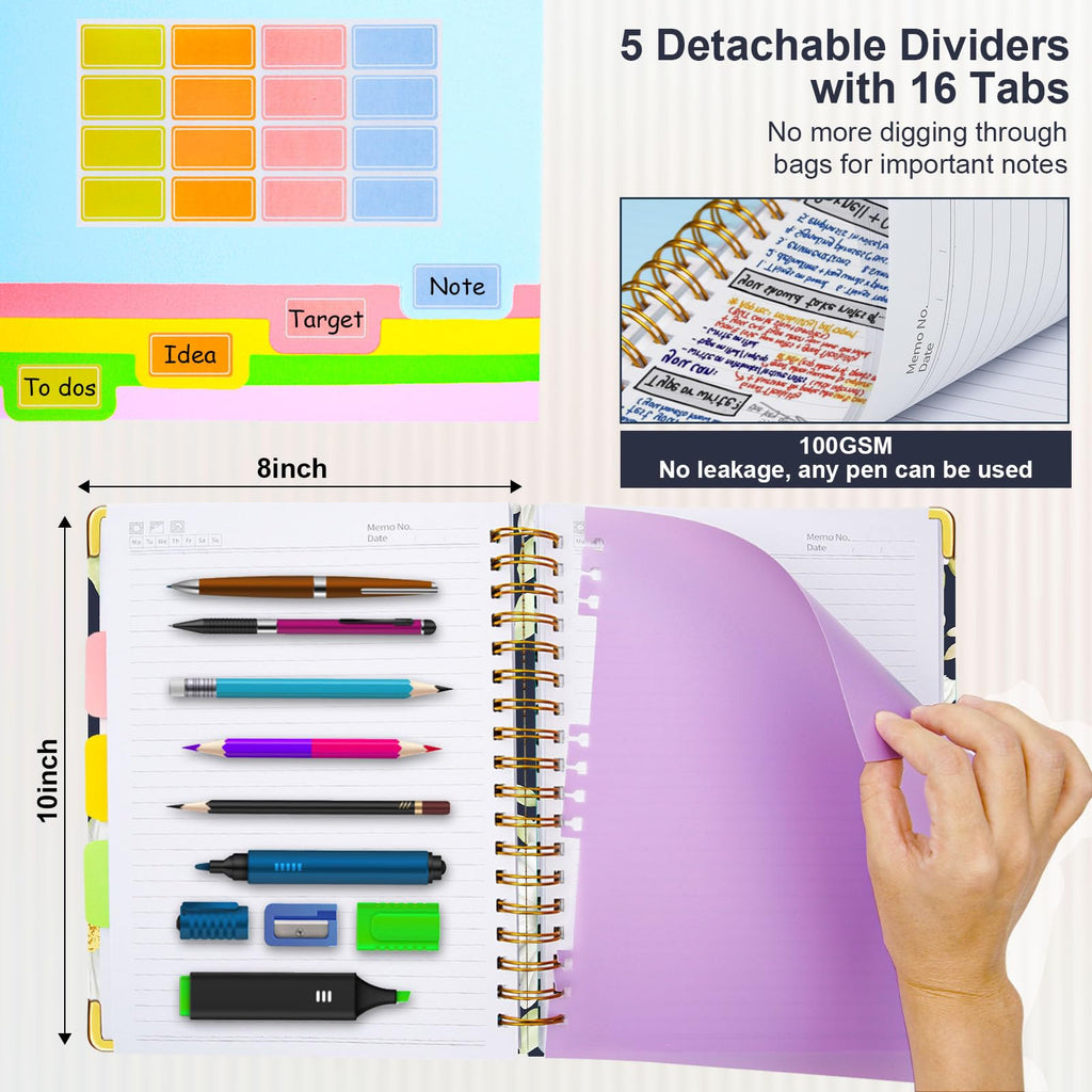 Spiral Journal Notebooks for Work, 300 Pages 5 Subject Notebook College Ruled with Dividers & Tabs, 8''x 10'' Large Notebook Journal for Women Students Note-Taking and Organizer