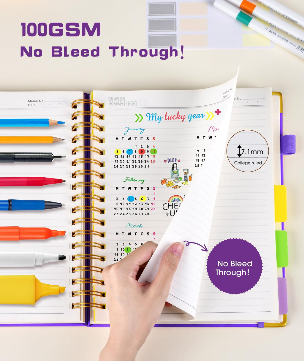 Hardcover Spiral Notebook Journal with Removable Dividers Tabs, 300 Pages Leather 5 Subject Notebook College Ruled, 8"x10" Large B5 Notebooks for Work School Note taking, Lined Journal for Women, Pink