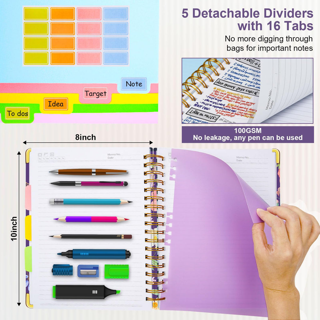 Spiral Journal Notebooks for Work, 300 Pages 5 Subject Notebook College Ruled with Dividers & Tabs, 8''x 10'' Large Notebook Journal for Women Students Note-Taking and Organizer