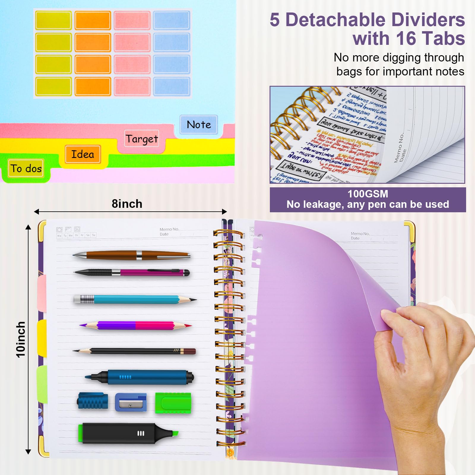 Spiral Journal Notebooks for Work, 300 Pages 5 Subject Notebook College Ruled with Dividers & Tabs, 8''x 10'' Large Notebook Journal for Women Students Note-Taking and Organizer