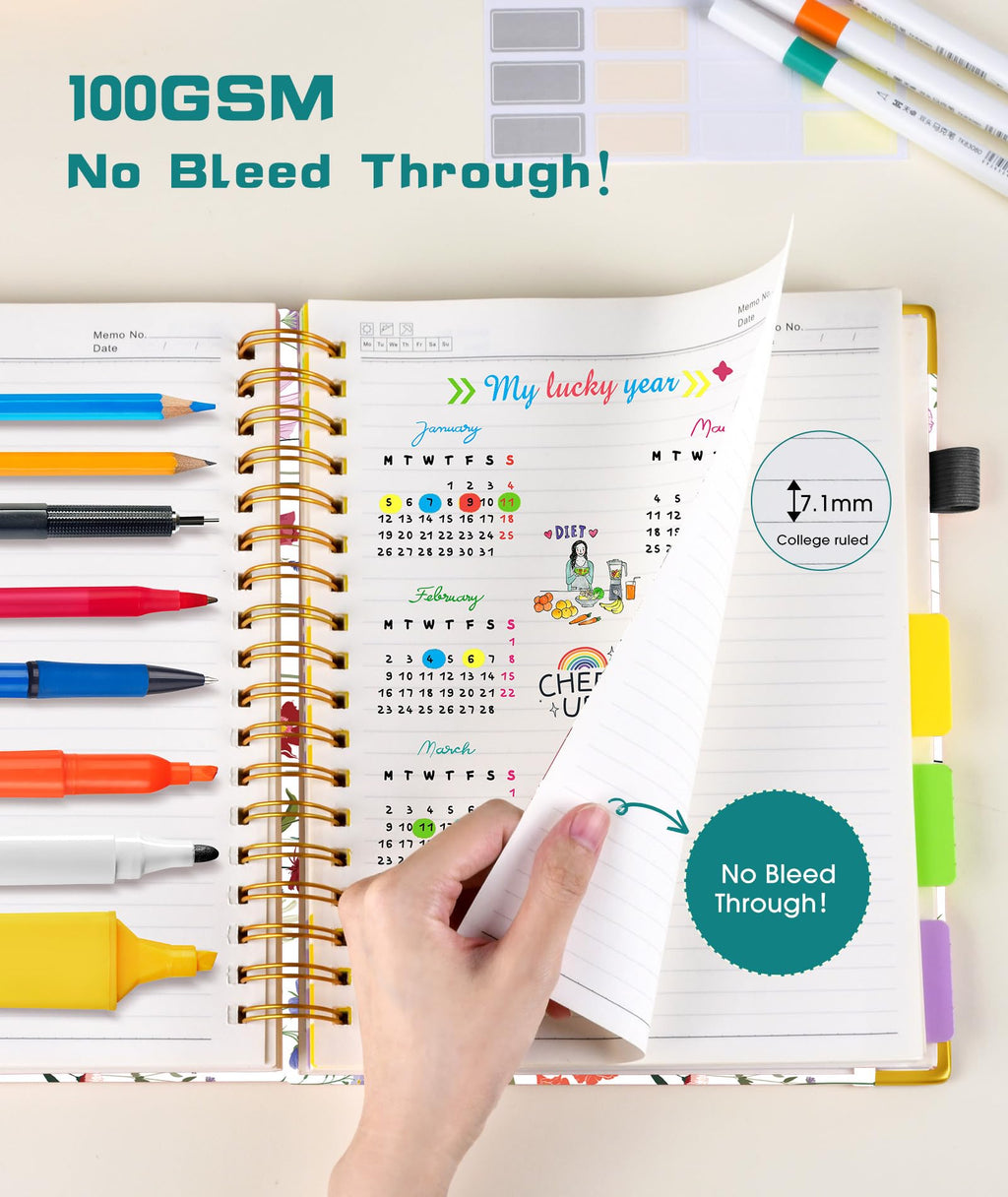 Hardcover Spiral Notebook Journal with Removable Dividers Tabs, 300 Pages Leather 5 Subject Notebook College Ruled, 8"x10" Large B5 Notebooks for Work School Note taking, Lined Journal for Women, Pink