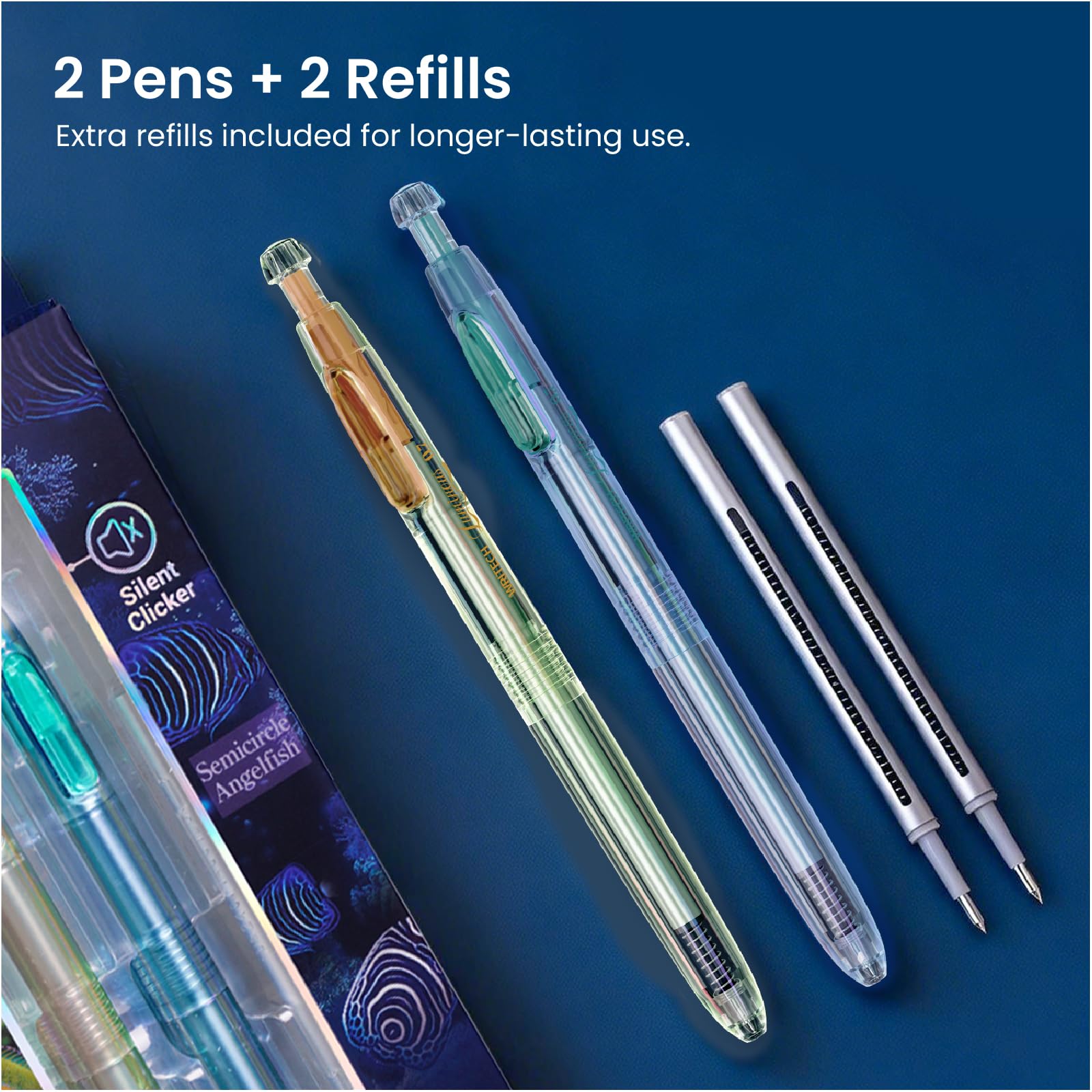 WRITECH Gel Pens Medium Point: Luminous pen set 0.7mm, Black Ink, Includes 2 Pens and 2 Refills, Silent Clicker, Smooth Writing for School Office & Everyday Use