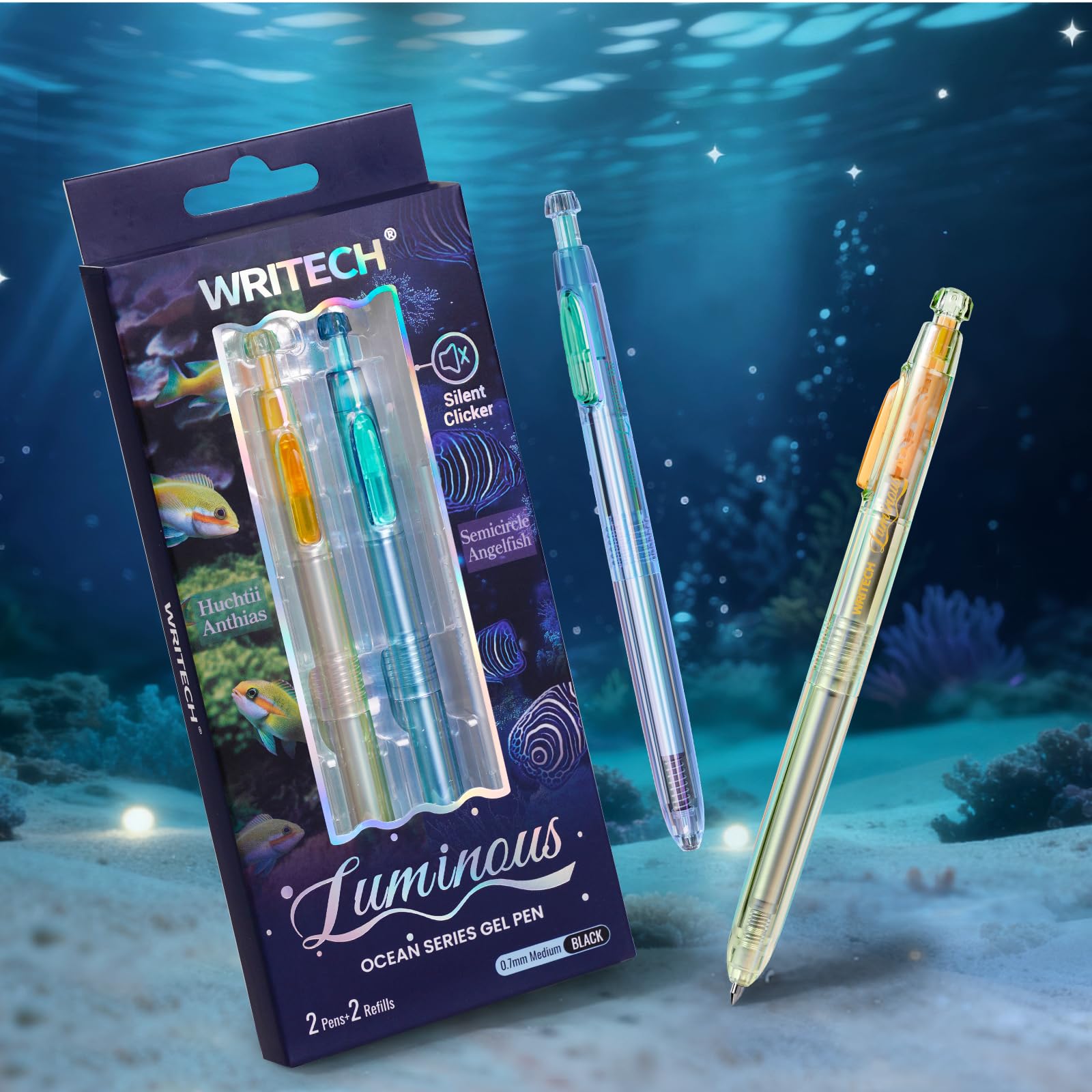 WRITECH Gel Pens Medium Point: Luminous pen set 0.7mm, Black Ink, Includes 2 Pens and 2 Refills, Silent Clicker, Smooth Writing for School Office & Everyday Use
