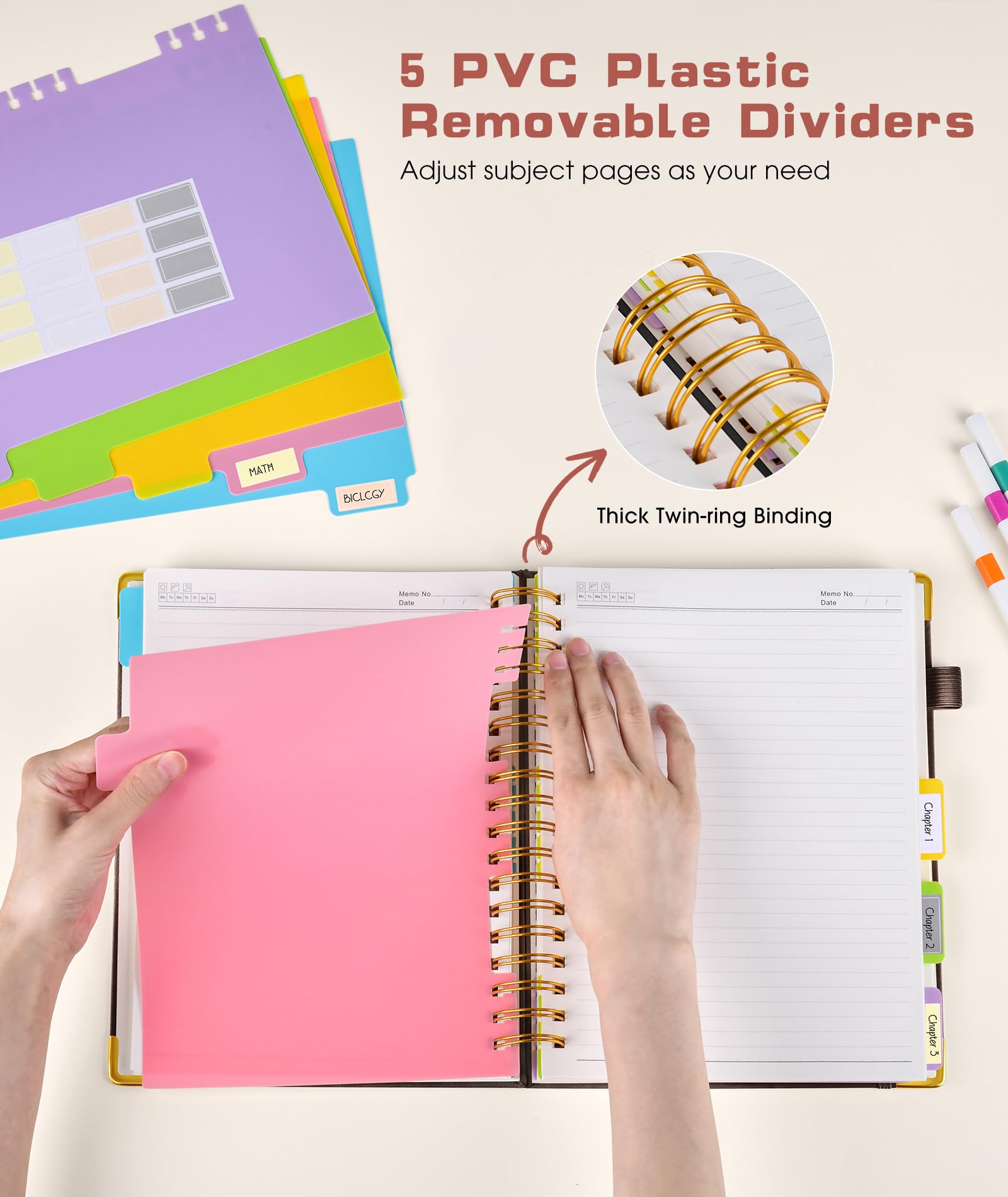 Hardcover Spiral Notebook Journal with Removable Dividers Tabs, 300 Pages Leather 5 Subject Notebook College Ruled, 8"x10" Large B5 Notebooks for Work School Note taking, Lined Journal for Women, Pink