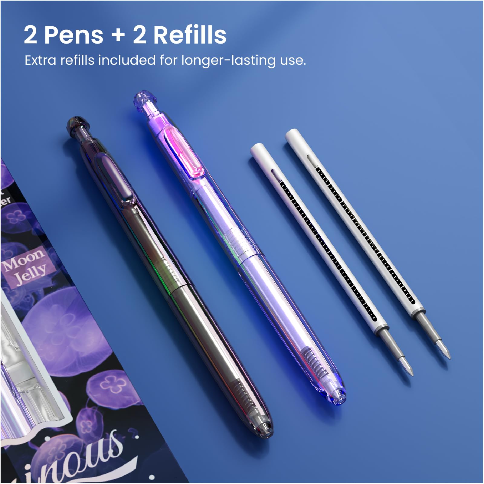 WRITECH Gel Pens Medium Point: Luminous pen set 0.7mm, Black Ink, Includes 2 Pens and 2 Refills, Silent Clicker, Smooth Writing for School Office & Everyday Use