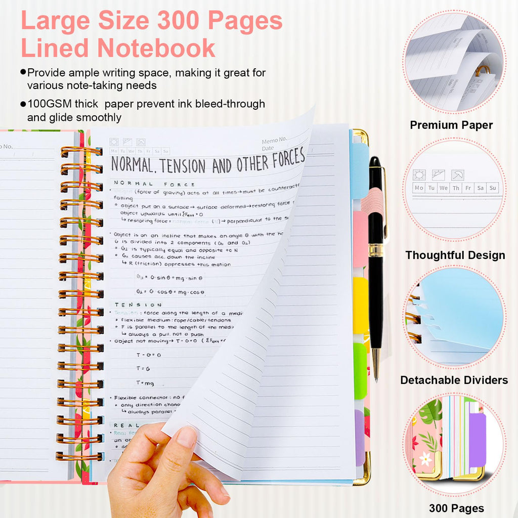 Spiral Journal Notebooks for Work, 300 Pages 5 Subject Notebook College Ruled with Dividers & Tabs, 8''x 10'' Large Notebook Journal for Women Students Note-Taking and Organizer