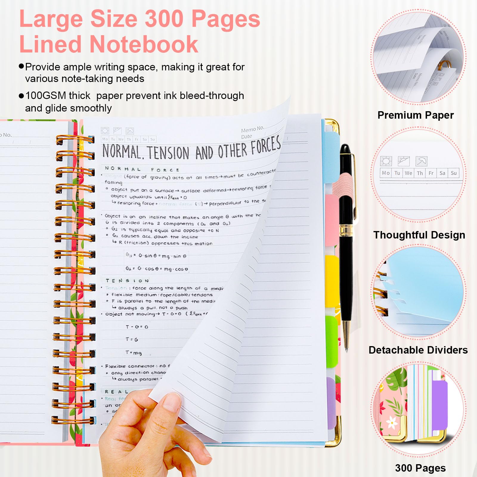 Spiral Journal Notebooks for Work, 300 Pages 5 Subject Notebook College Ruled with Dividers & Tabs, 8''x 10'' Large Notebook Journal for Women Students Note-Taking and Organizer