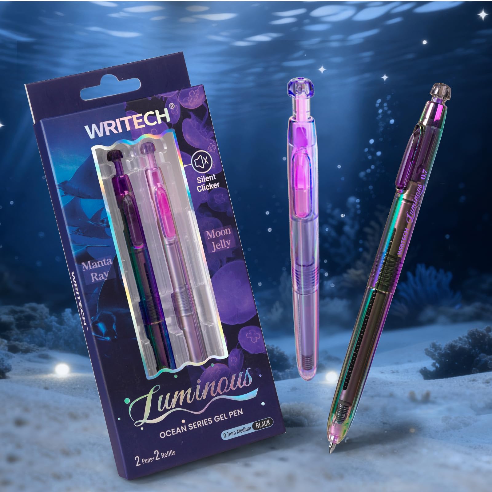 WRITECH Gel Pens Medium Point: Luminous pen set 0.7mm, Black Ink, Includes 2 Pens and 2 Refills, Silent Clicker, Smooth Writing for School Office & Everyday Use