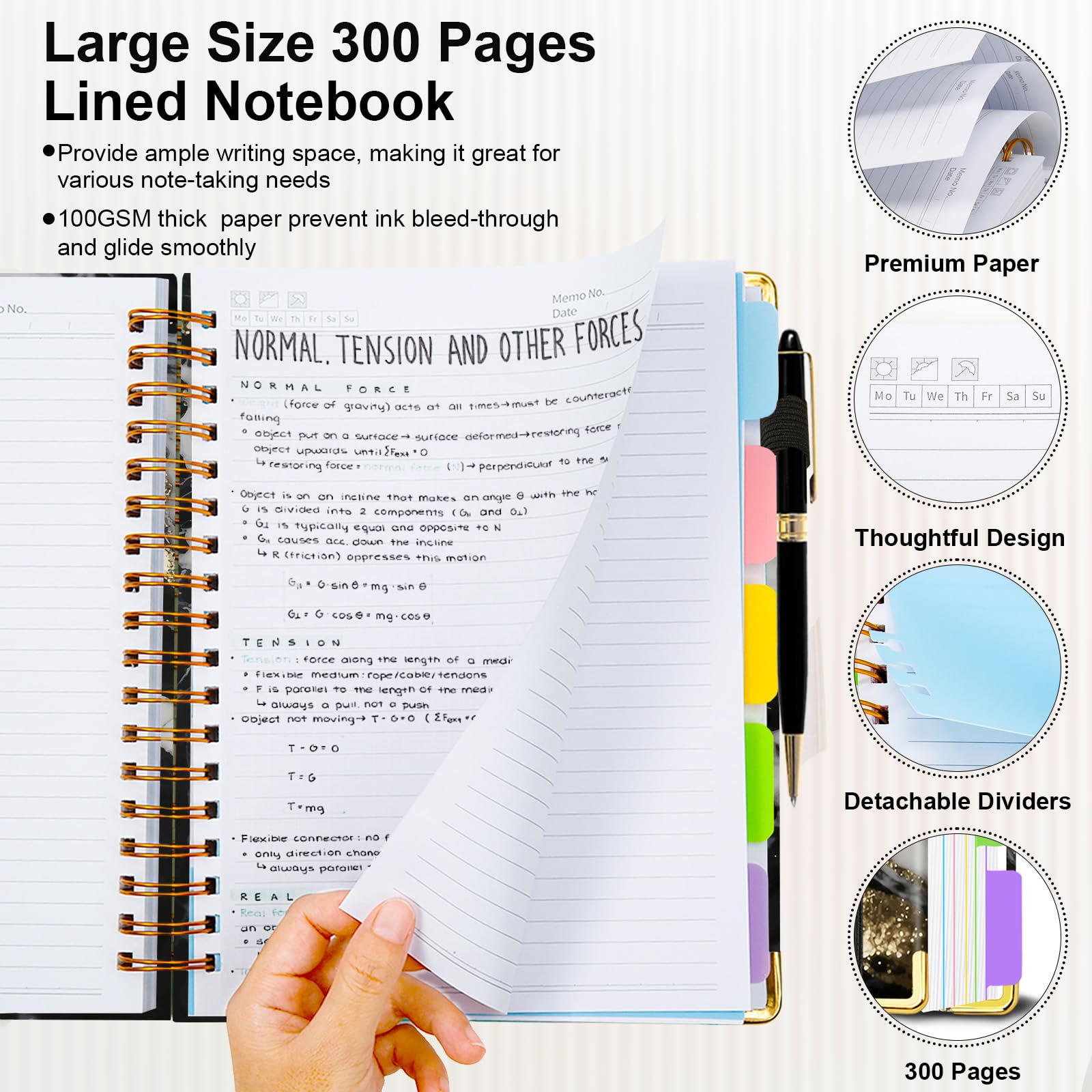Spiral Journal Notebooks for Work, 300 Pages 5 Subject Notebook College Ruled with Dividers & Tabs, 8''x 10'' Large Notebook Journal for Women Students Note-Taking and Organizer
