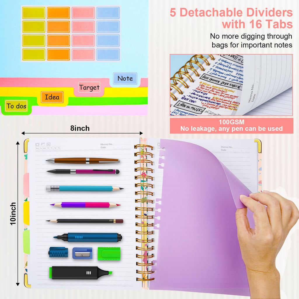 Spiral Journal Notebooks for Work, 300 Pages 5 Subject Notebook College Ruled with Dividers & Tabs, 8''x 10'' Large Notebook Journal for Women Students Note-Taking and Organizer