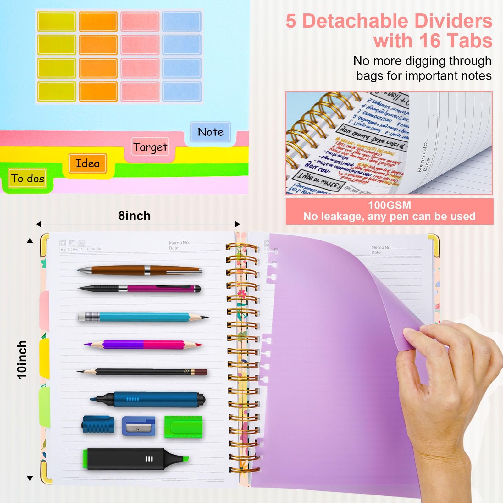 Spiral Journal Notebooks for Work, 300 Pages 5 Subject Notebook College Ruled with Dividers & Tabs, 8''x 10'' Large Notebook Journal for Women Students Note-Taking and Organizer