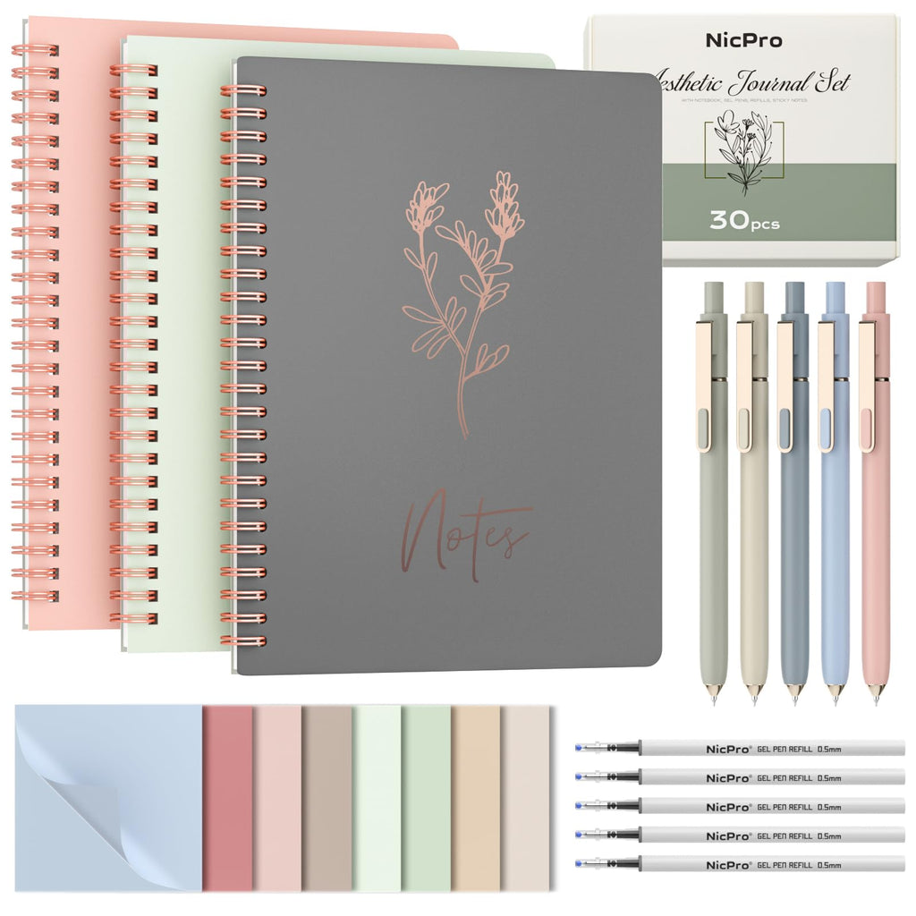 Nicpro 50PCS Cute Spiral Notebook Stationary Set For Women, Bible Journal Set, 3PCS A5 Spiral Notebook, Gel Pens, Sticky Notes & Tabs, Gift Box, Mechanical Pencils for Study Aesthetic School Supplies