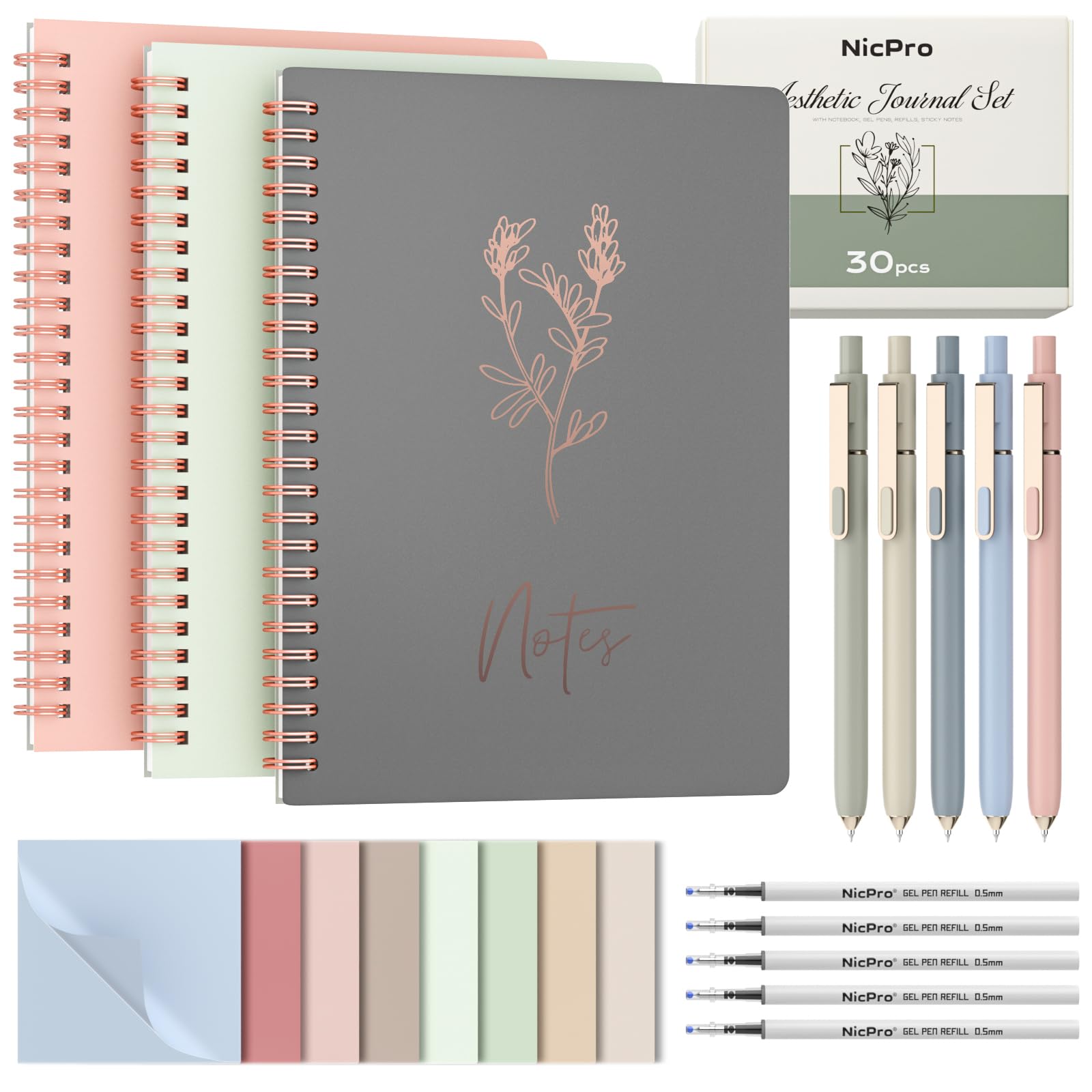 Nicpro 50PCS Cute Spiral Notebook Stationary Set For Women, Bible Journal Set, 3PCS A5 Spiral Notebook, Gel Pens, Sticky Notes & Tabs, Gift Box, Mechanical Pencils for Study Aesthetic School Supplies