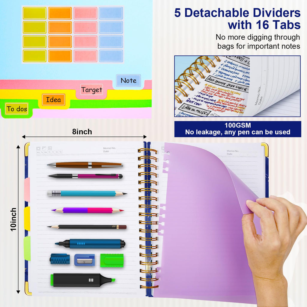 Spiral Journal Notebooks for Work, 300 Pages 5 Subject Notebook College Ruled with Dividers & Tabs, 8''x 10'' Large Notebook Journal for Women Students Note-Taking and Organizer