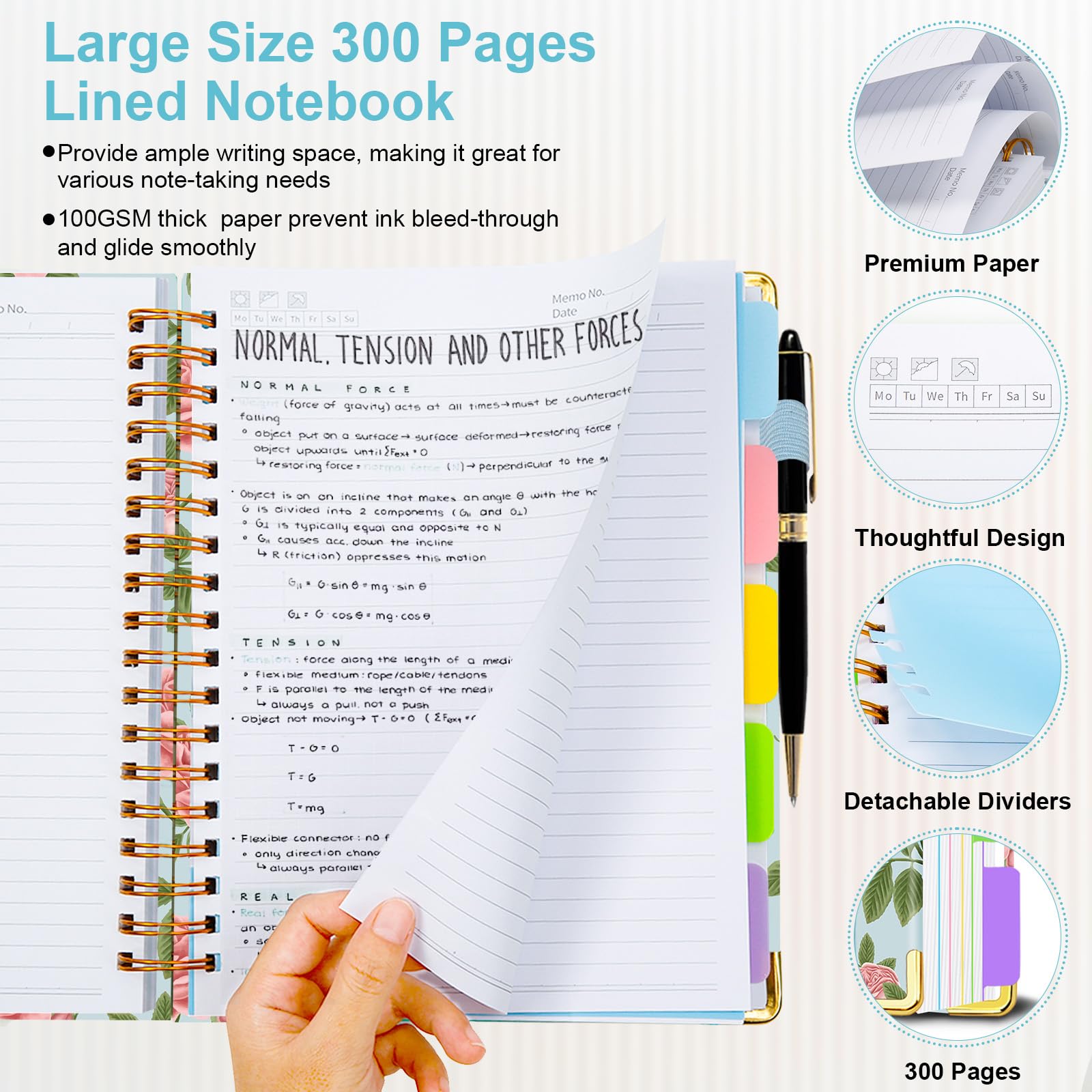 Spiral Journal Notebooks for Work, 300 Pages 5 Subject Notebook College Ruled with Dividers & Tabs, 8''x 10'' Large Notebook Journal for Women Students Note-Taking and Organizer