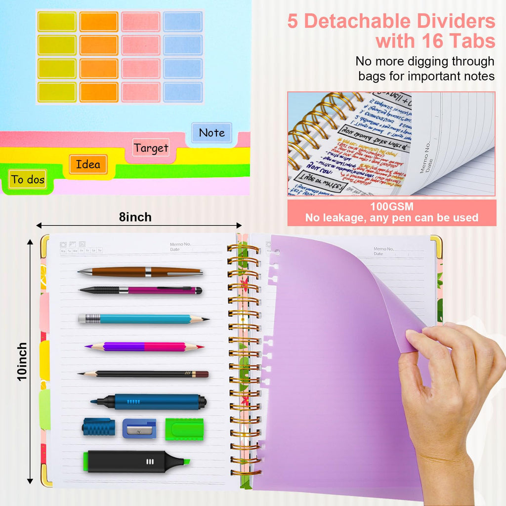 Spiral Journal Notebooks for Work, 300 Pages 5 Subject Notebook College Ruled with Dividers & Tabs, 8''x 10'' Large Notebook Journal for Women Students Note-Taking and Organizer