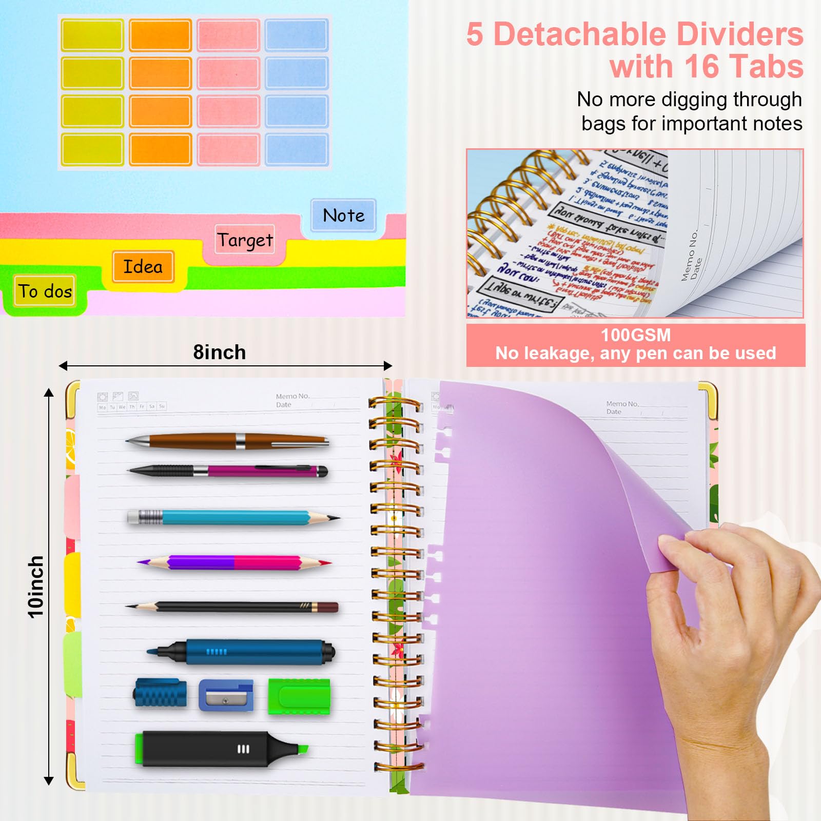 Spiral Journal Notebooks for Work, 300 Pages 5 Subject Notebook College Ruled with Dividers & Tabs, 8''x 10'' Large Notebook Journal for Women Students Note-Taking and Organizer