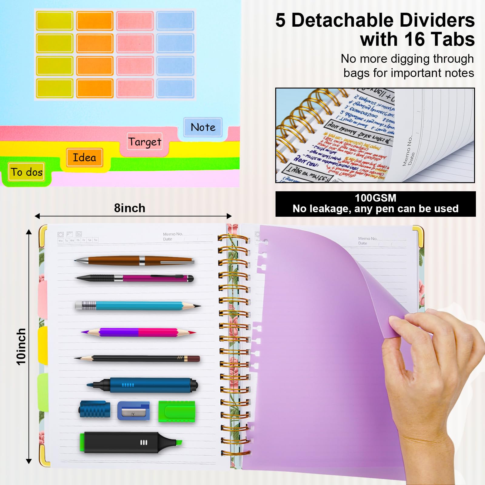 Spiral Journal Notebooks for Work, 300 Pages 5 Subject Notebook College Ruled with Dividers & Tabs, 8''x 10'' Large Notebook Journal for Women Students Note-Taking and Organizer