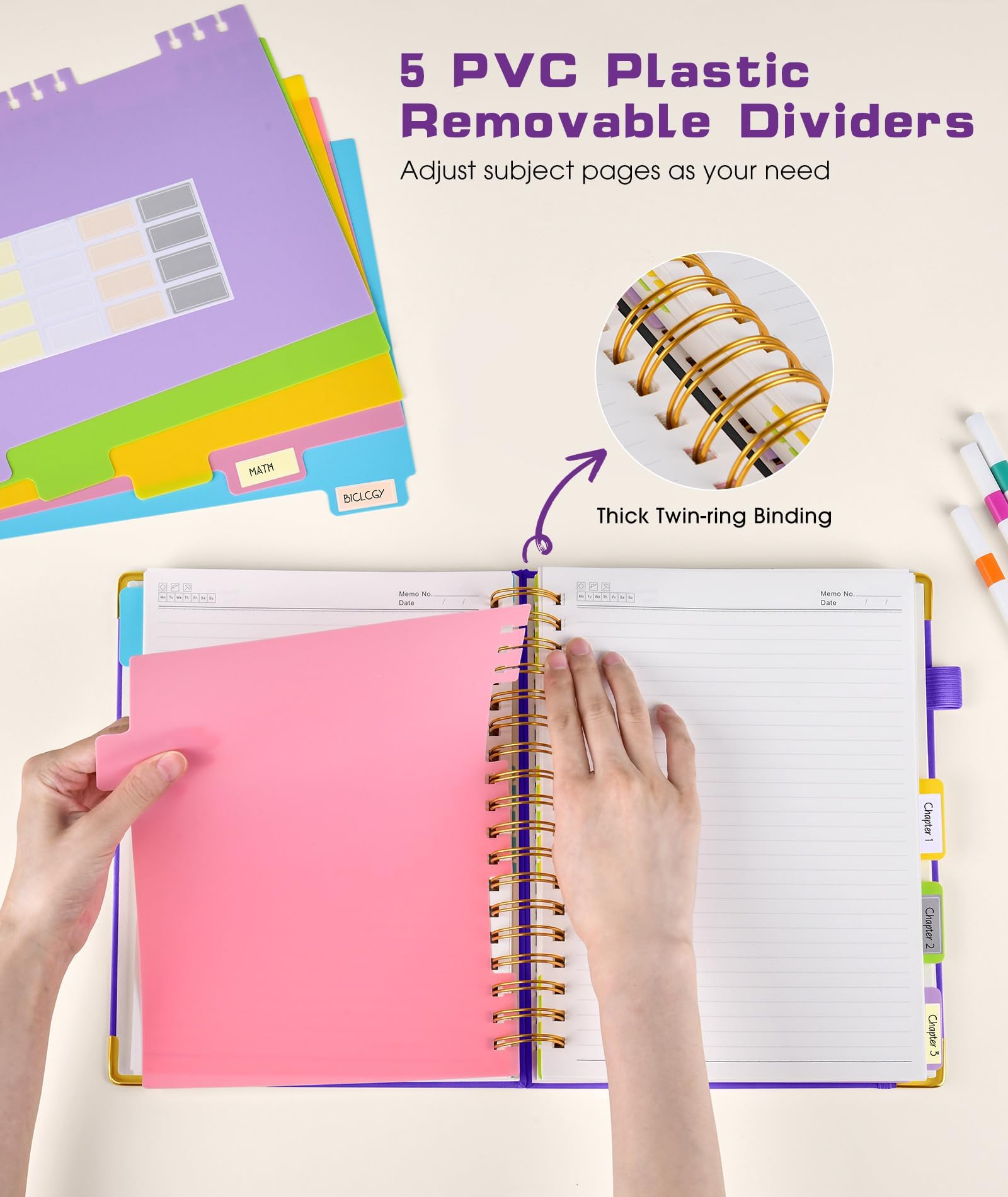 Hardcover Spiral Notebook Journal with Removable Dividers Tabs, 300 Pages Leather 5 Subject Notebook College Ruled, 8"x10" Large B5 Notebooks for Work School Note taking, Lined Journal for Women, Pink