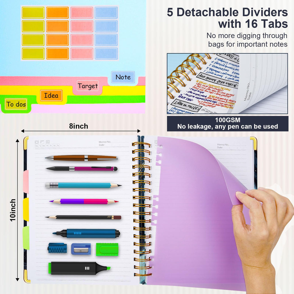 Spiral Journal Notebooks for Work, 300 Pages 5 Subject Notebook College Ruled with Dividers & Tabs, 8''x 10'' Large Notebook Journal for Women Students Note-Taking and Organizer