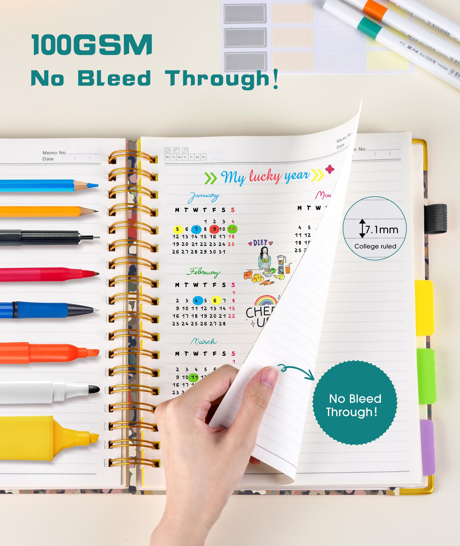 Hardcover Spiral Notebook Journal with Removable Dividers Tabs, 300 Pages Leather 5 Subject Notebook College Ruled, 8"x10" Large B5 Notebooks for Work School Note taking, Lined Journal for Women, Pink