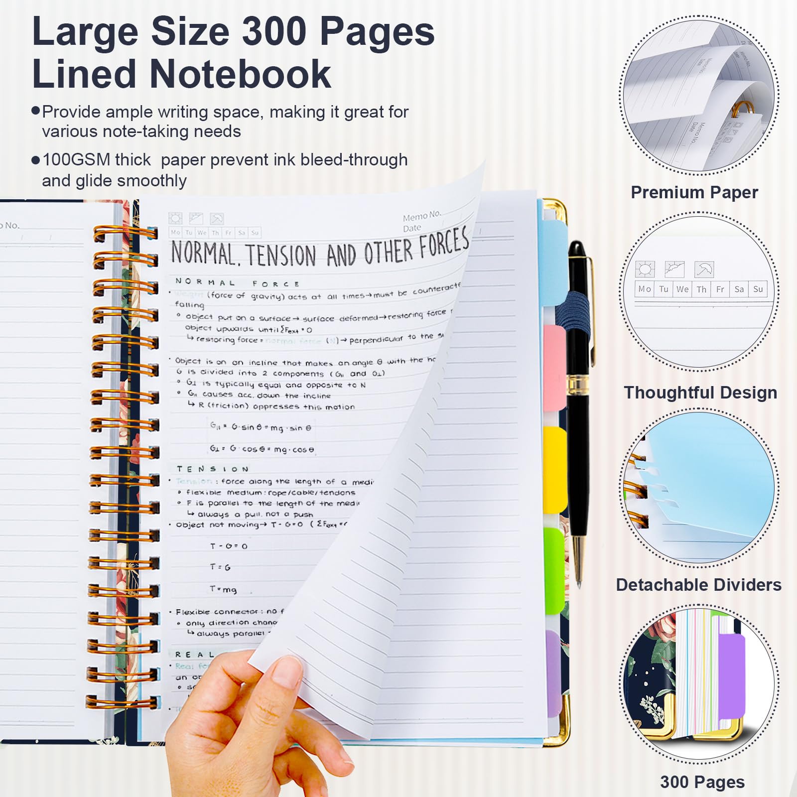 Spiral Journal Notebooks for Work, 300 Pages 5 Subject Notebook College Ruled with Dividers & Tabs, 8''x 10'' Large Notebook Journal for Women Students Note-Taking and Organizer