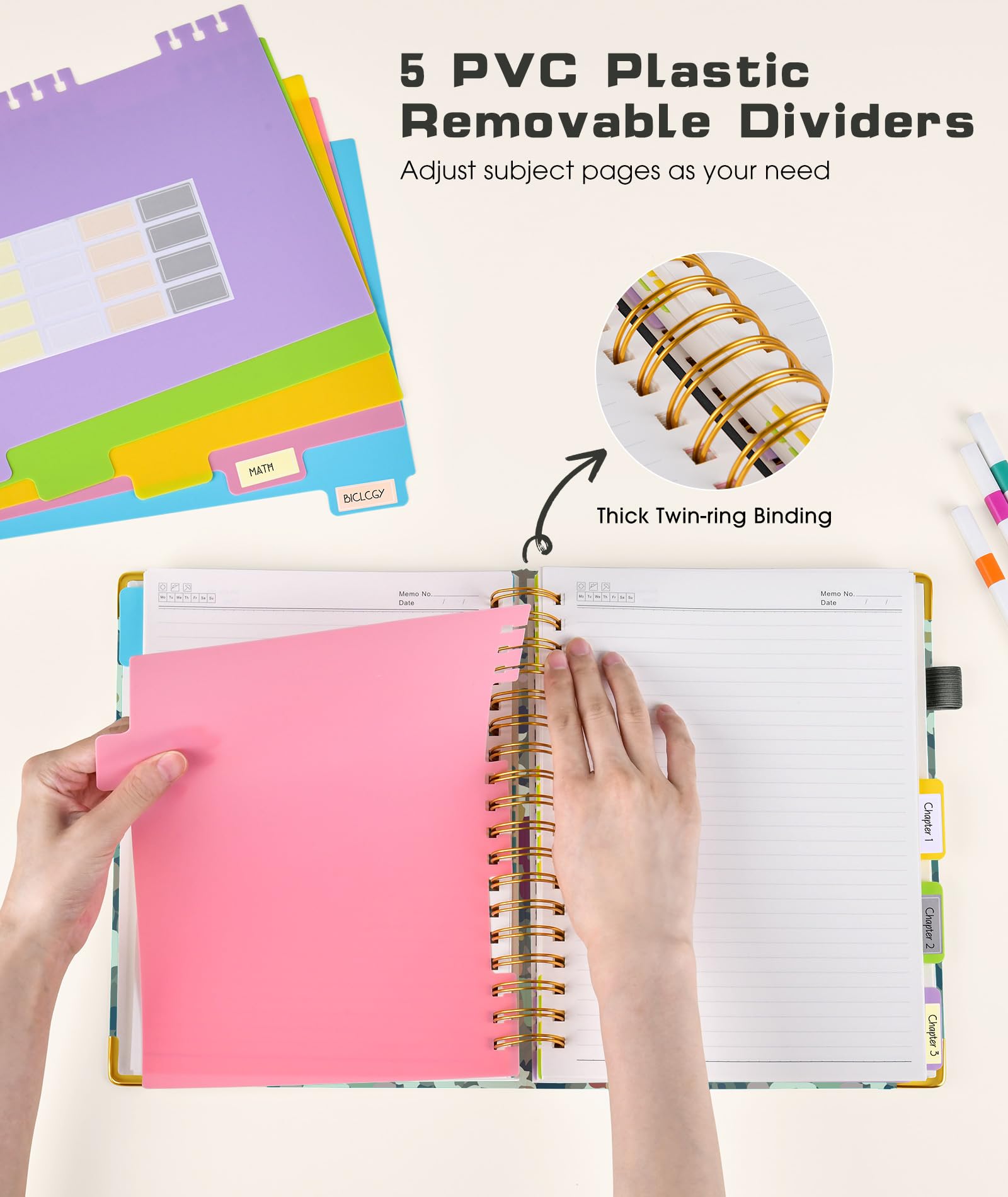 Hardcover Spiral Notebook Journal with Removable Dividers Tabs, 300 Pages Leather 5 Subject Notebook College Ruled, 8"x10" Large B5 Notebooks for Work School Note taking, Lined Journal for Women, Pink