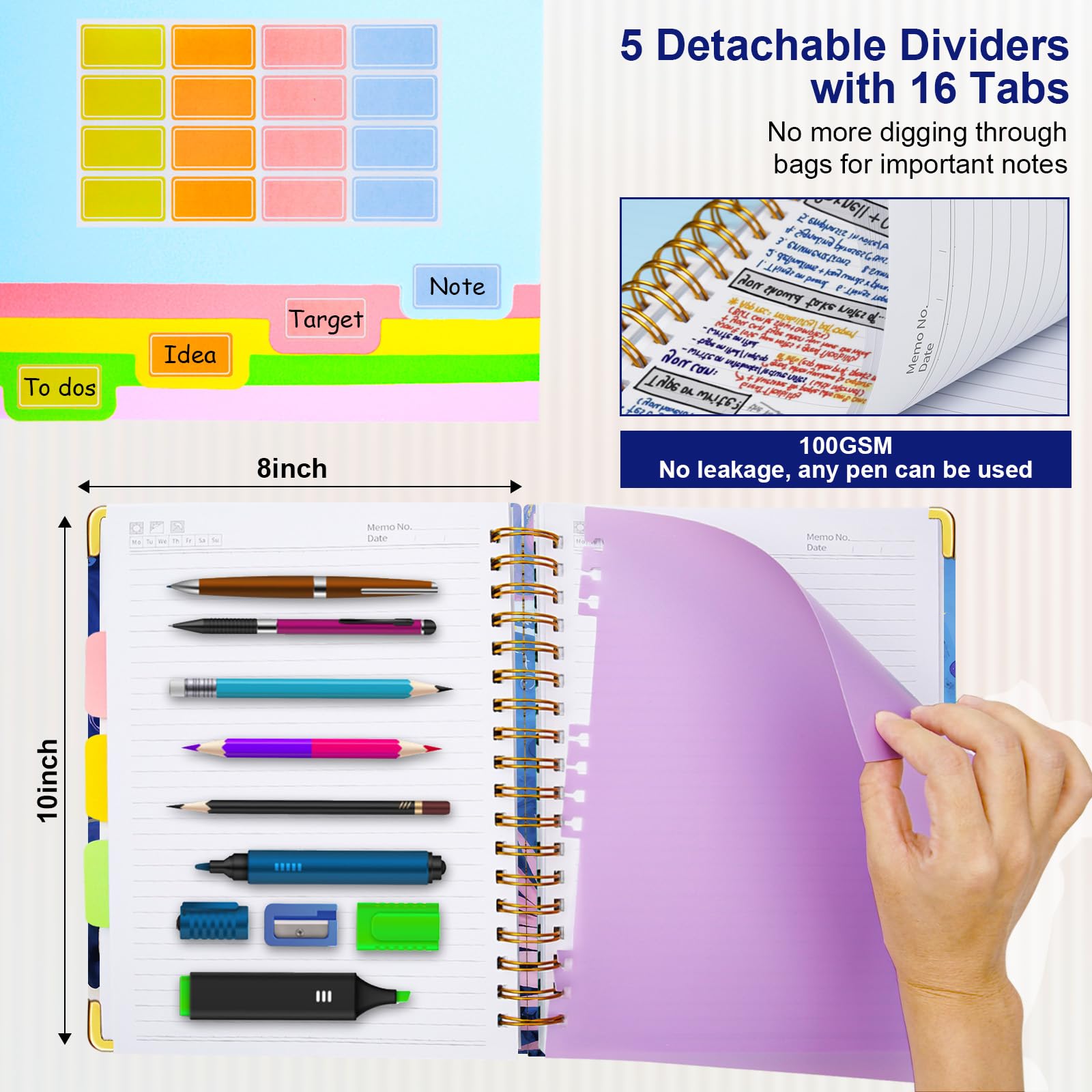 Spiral Journal Notebooks for Work, 300 Pages 5 Subject Notebook College Ruled with Dividers & Tabs, 8''x 10'' Large Notebook Journal for Women Students Note-Taking and Organizer