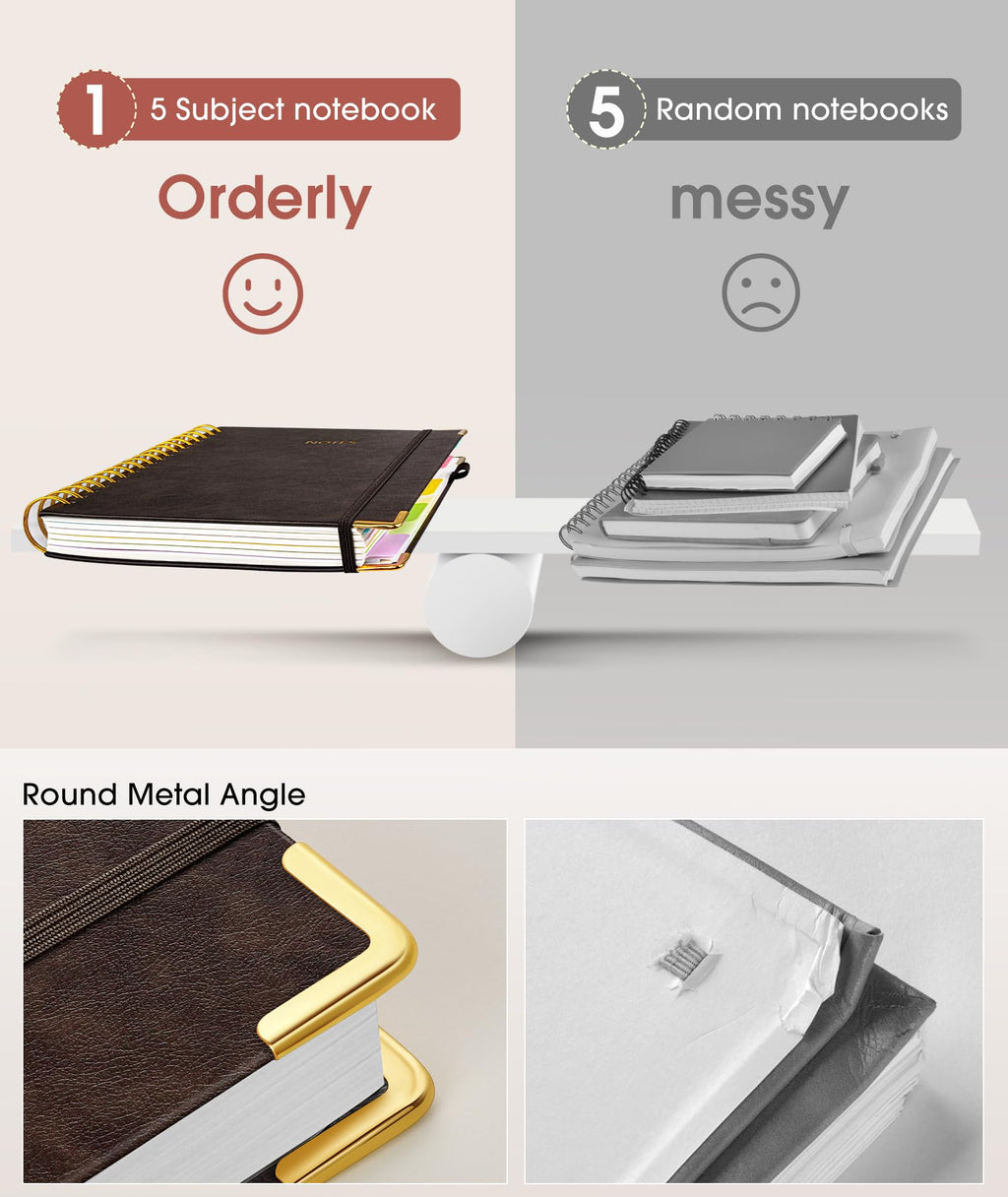 Hardcover Spiral Notebook Journal with Removable Dividers Tabs, 300 Pages Leather 5 Subject Notebook College Ruled, 8"x10" Large B5 Notebooks for Work School Note taking, Lined Journal for Women, Pink