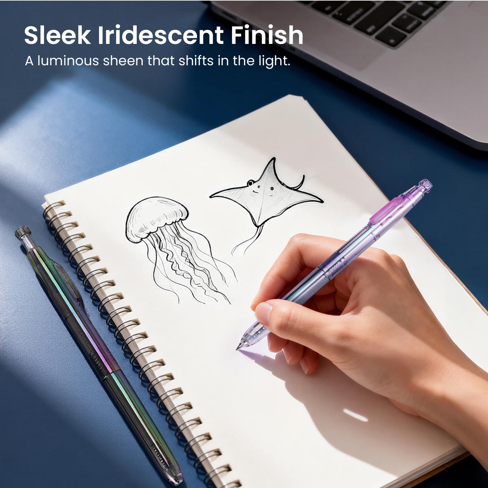 WRITECH Gel Pens Medium Point: Luminous pen set 0.7mm, Black Ink, Includes 2 Pens and 2 Refills, Silent Clicker, Smooth Writing for School Office & Everyday Use