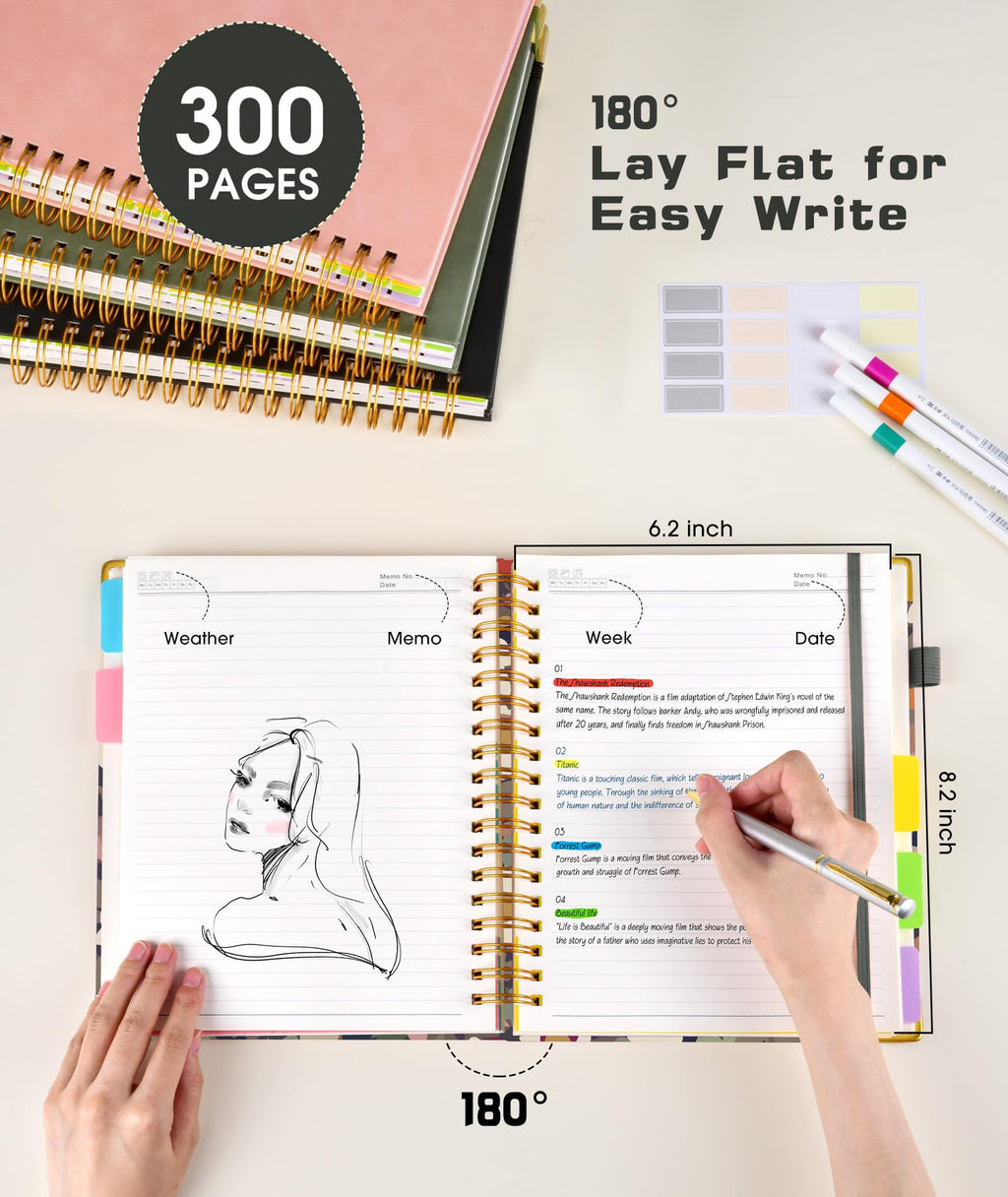 Hardcover Spiral Notebook Journal with Removable Dividers Tabs, 300 Pages Leather 5 Subject Notebook College Ruled, 8"x10" Large B5 Notebooks for Work School Note taking, Lined Journal for Women, Pink