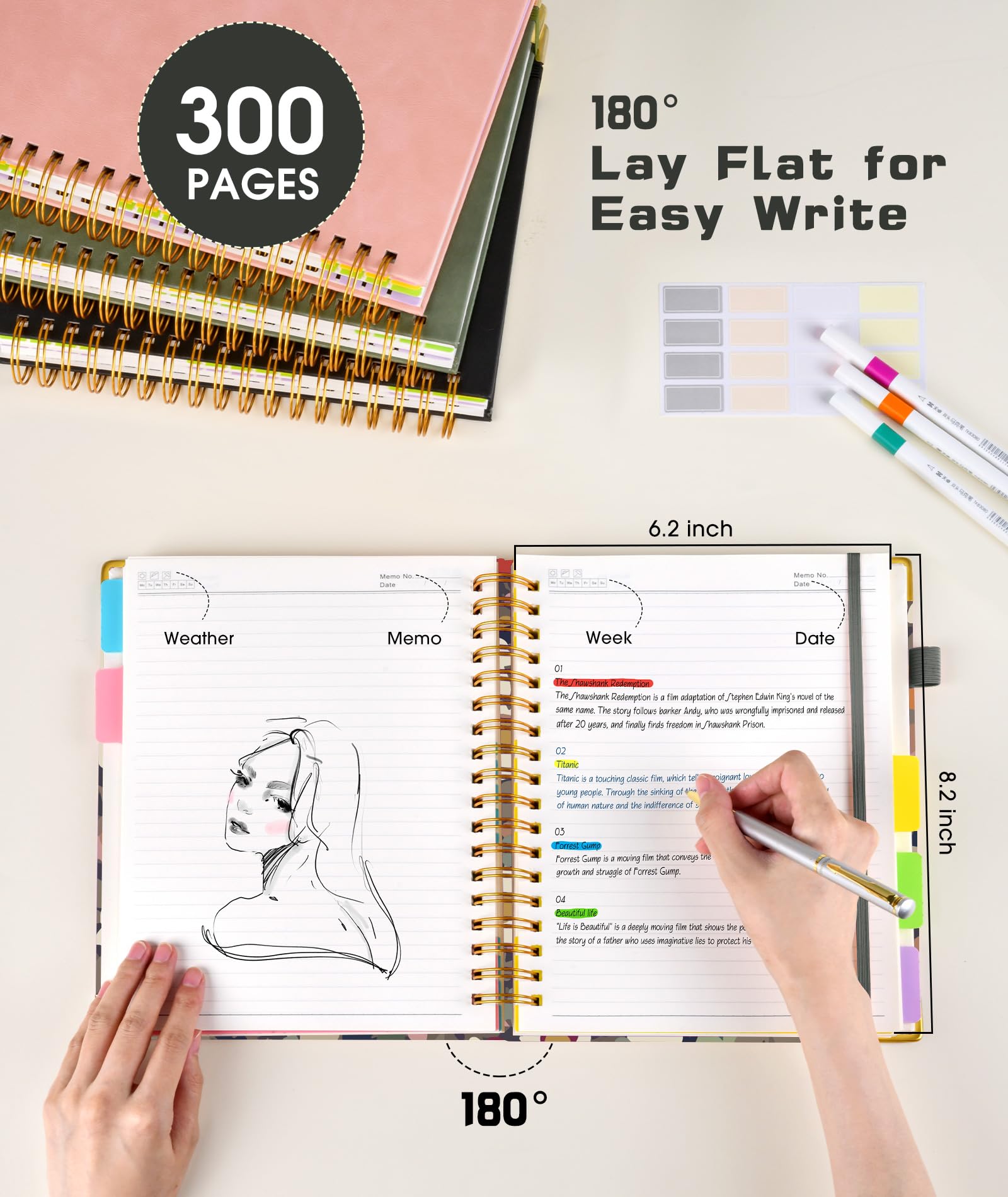 Hardcover Spiral Notebook Journal with Removable Dividers Tabs, 300 Pages Leather 5 Subject Notebook College Ruled, 8"x10" Large B5 Notebooks for Work School Note taking, Lined Journal for Women, Pink