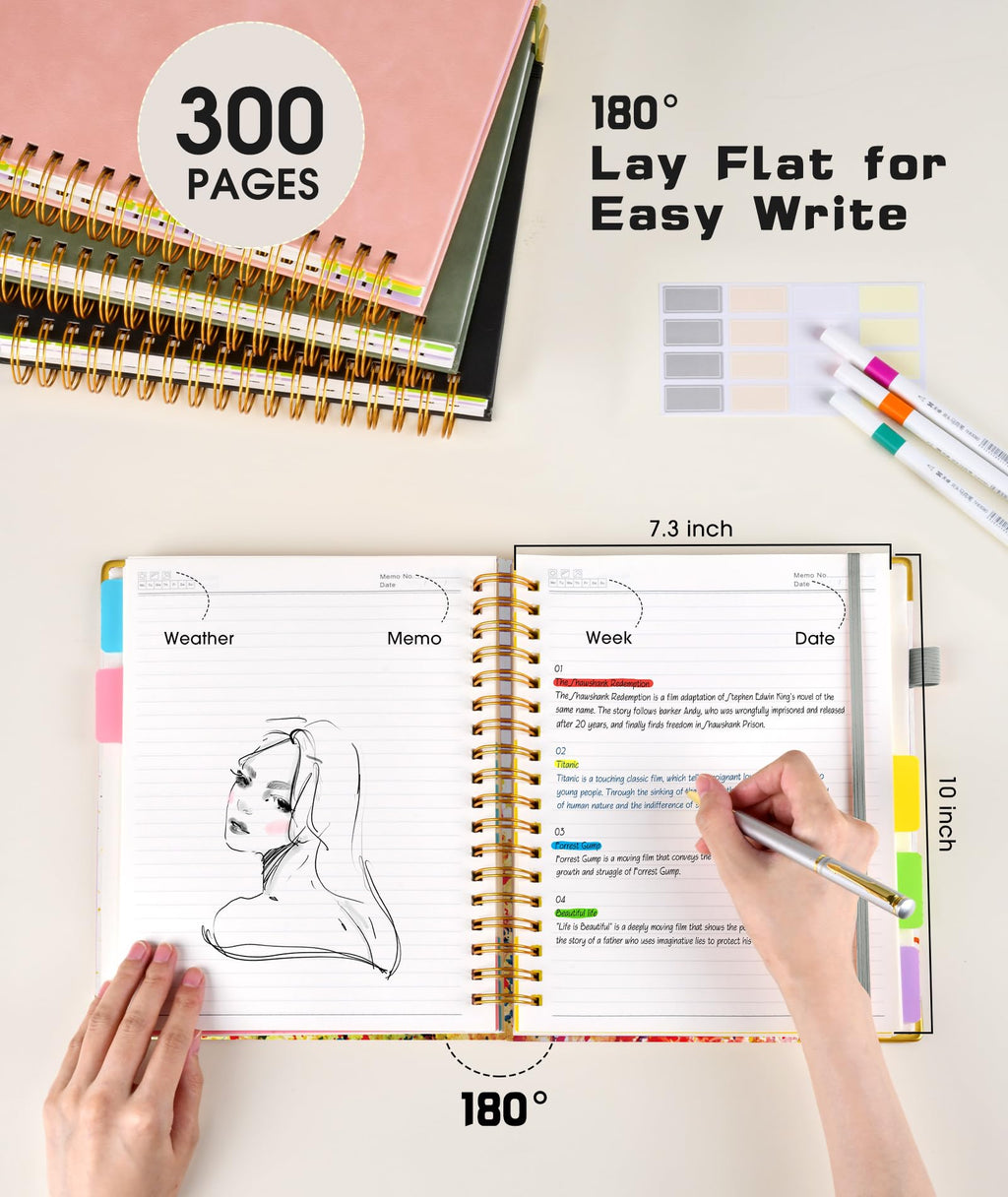 Hardcover Spiral Notebook Journal with Removable Dividers Tabs, 300 Pages Leather 5 Subject Notebook College Ruled, 8"x10" Large B5 Notebooks for Work School Note taking, Lined Journal for Women, Pink