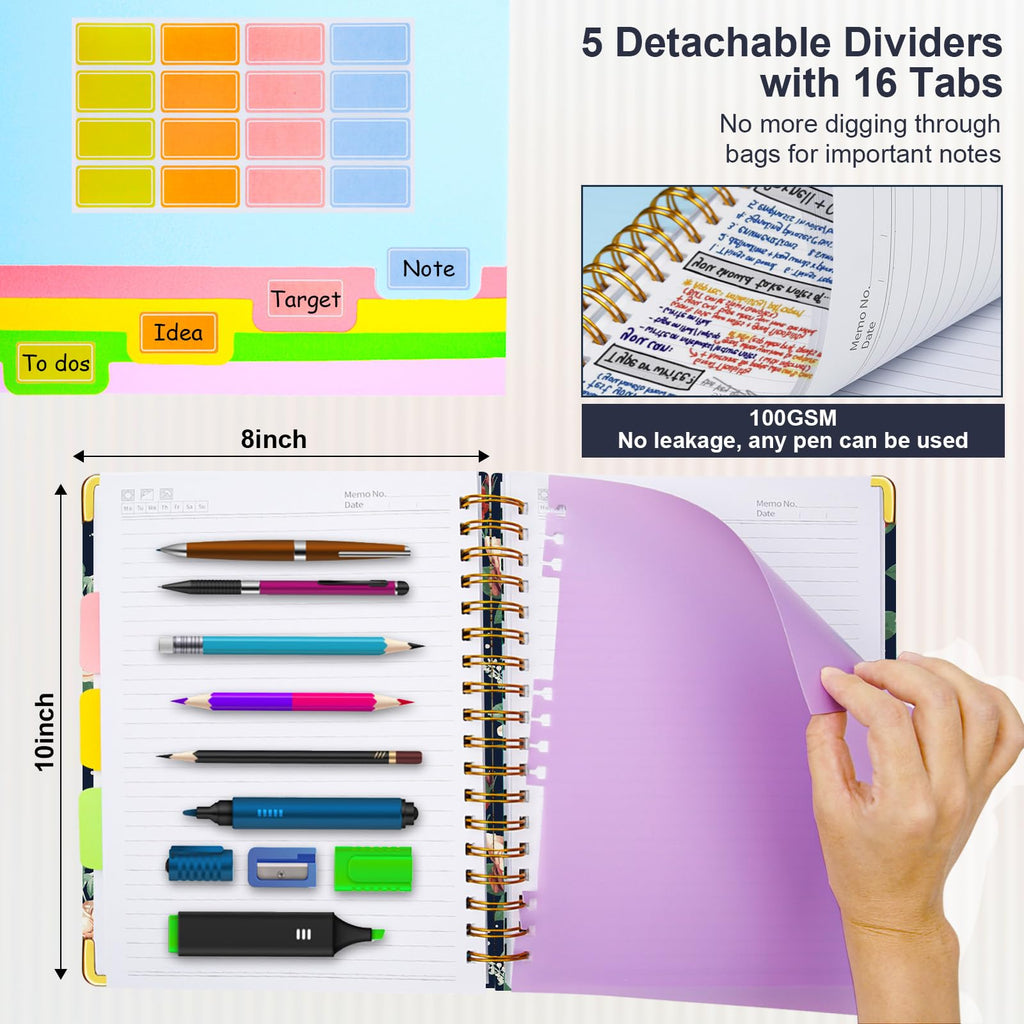 Spiral Journal Notebooks for Work, 300 Pages 5 Subject Notebook College Ruled with Dividers & Tabs, 8''x 10'' Large Notebook Journal for Women Students Note-Taking and Organizer