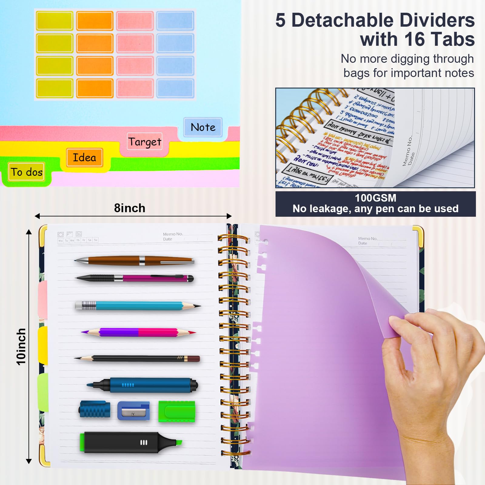 Spiral Journal Notebooks for Work, 300 Pages 5 Subject Notebook College Ruled with Dividers & Tabs, 8''x 10'' Large Notebook Journal for Women Students Note-Taking and Organizer