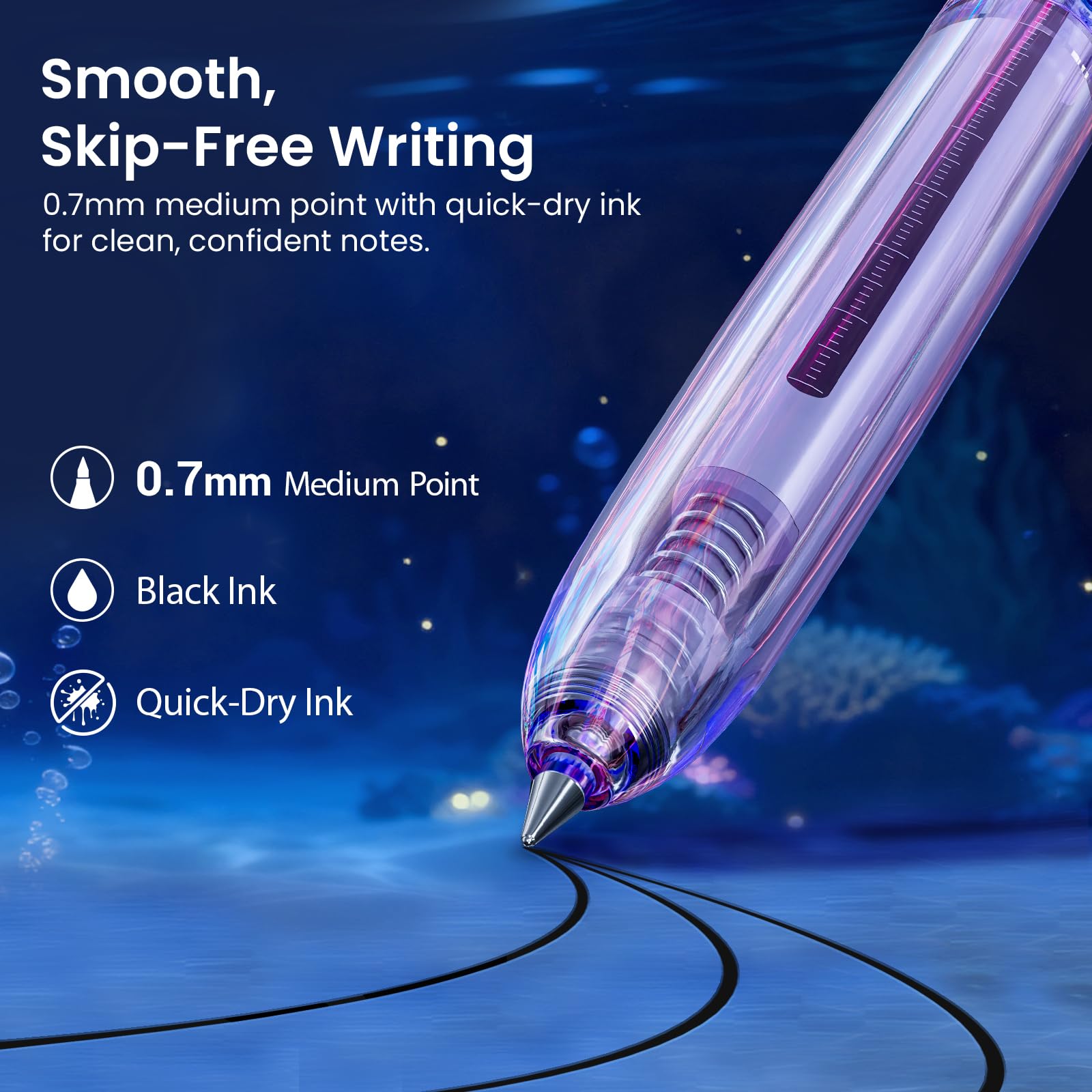 WRITECH Gel Pens Medium Point: Luminous pen set 0.7mm, Black Ink, Includes 2 Pens and 2 Refills, Silent Clicker, Smooth Writing for School Office & Everyday Use