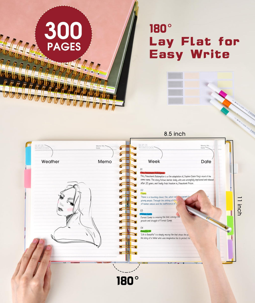 Hardcover Spiral Notebook Journal with Removable Dividers Tabs, 300 Pages Leather 5 Subject Notebook College Ruled, 8"x10" Large B5 Notebooks for Work School Note taking, Lined Journal for Women, Pink