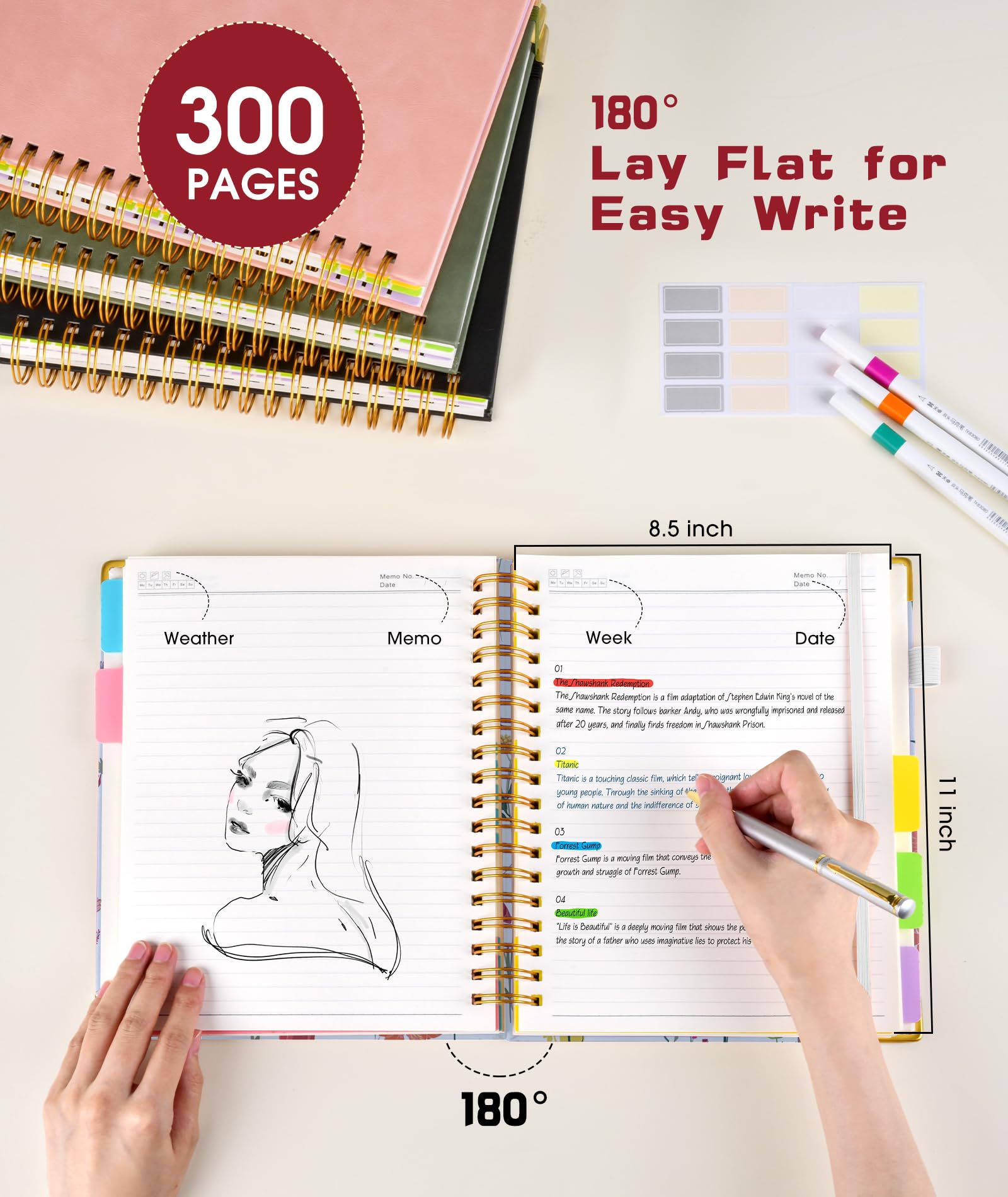 Hardcover Spiral Notebook Journal with Removable Dividers Tabs, 300 Pages Leather 5 Subject Notebook College Ruled, 8"x10" Large B5 Notebooks for Work School Note taking, Lined Journal for Women, Pink