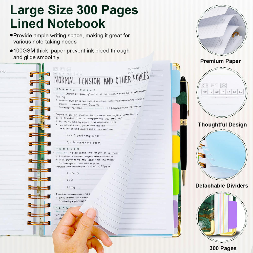 Spiral Journal Notebooks for Work, 300 Pages 5 Subject Notebook College Ruled with Dividers & Tabs, 8''x 10'' Large Notebook Journal for Women Students Note-Taking and Organizer