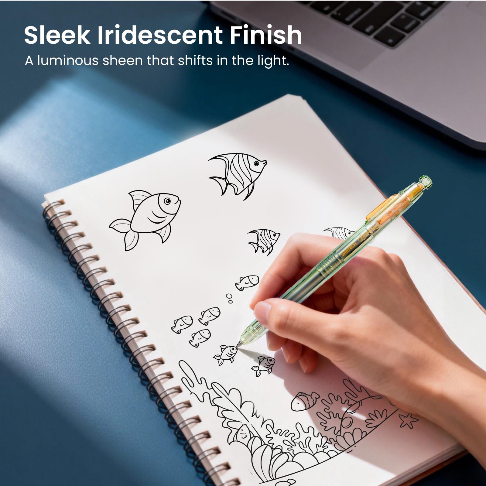 WRITECH Gel Pens Medium Point: Luminous pen set 0.7mm, Black Ink, Includes 2 Pens and 2 Refills, Silent Clicker, Smooth Writing for School Office & Everyday Use